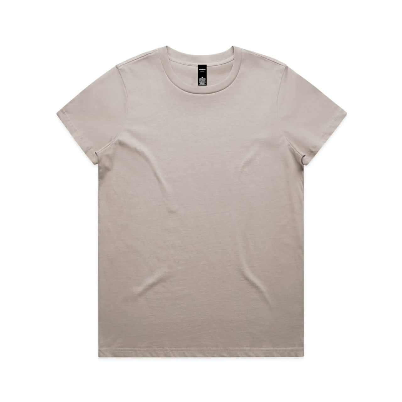 A light beige T-shirt featuring a round neckline and short sleeves, with a logo on the tag.