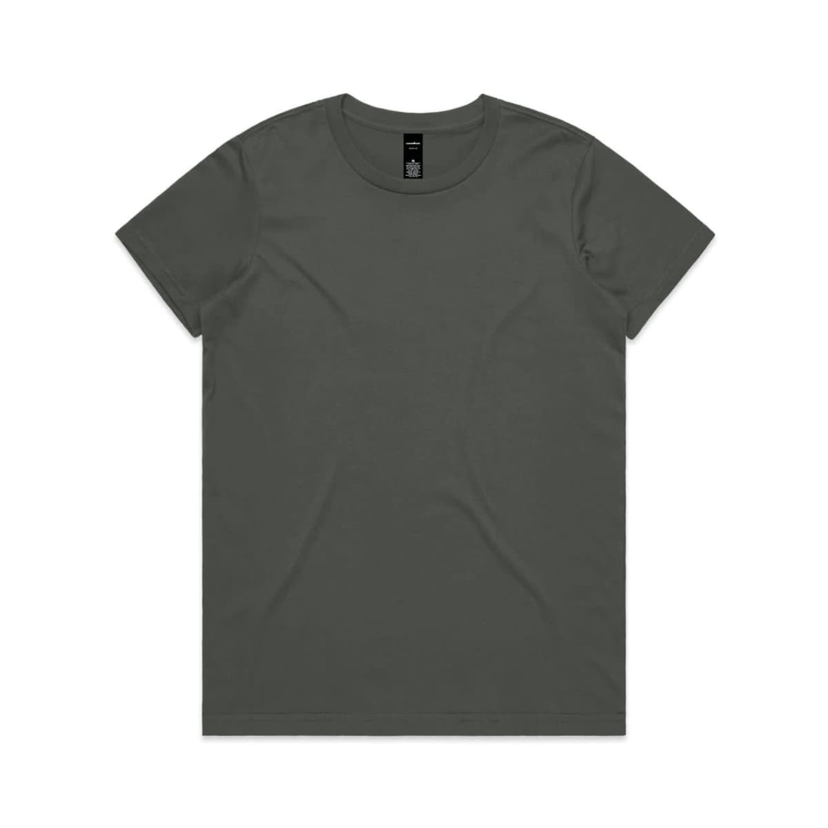 A plain dark grey t-shirt with a round neckline and short sleeves, featuring a logo on the label.