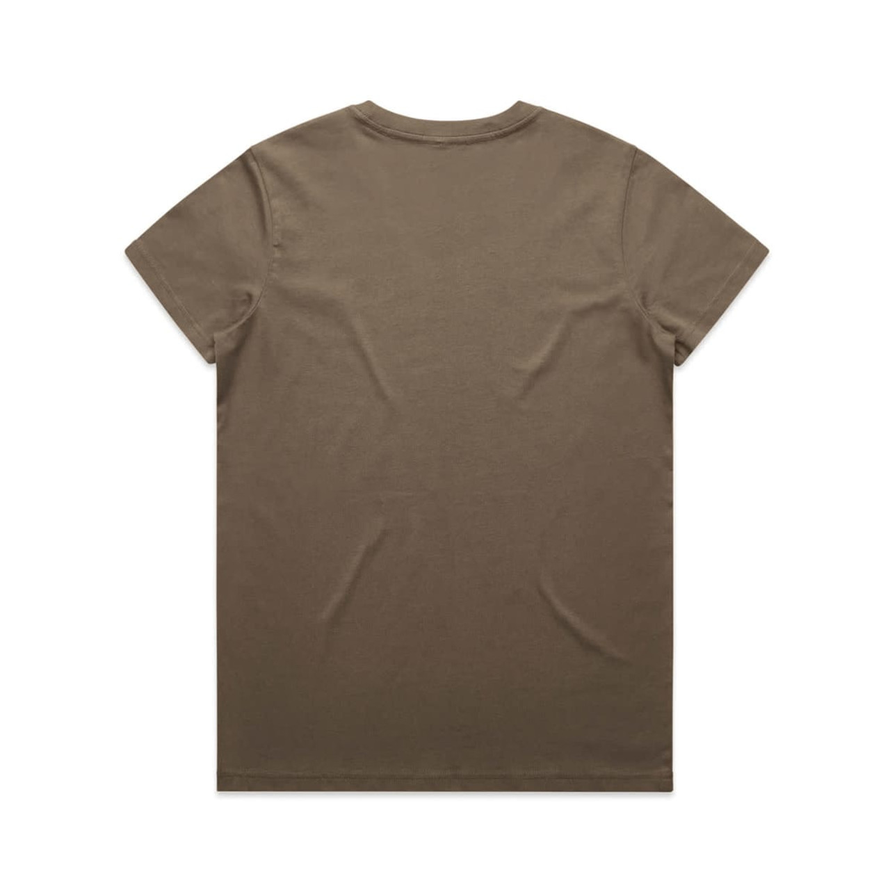A khaki T-shirt with a plain back. The fabric appears smooth and soft, featuring a small logo at the neckline.