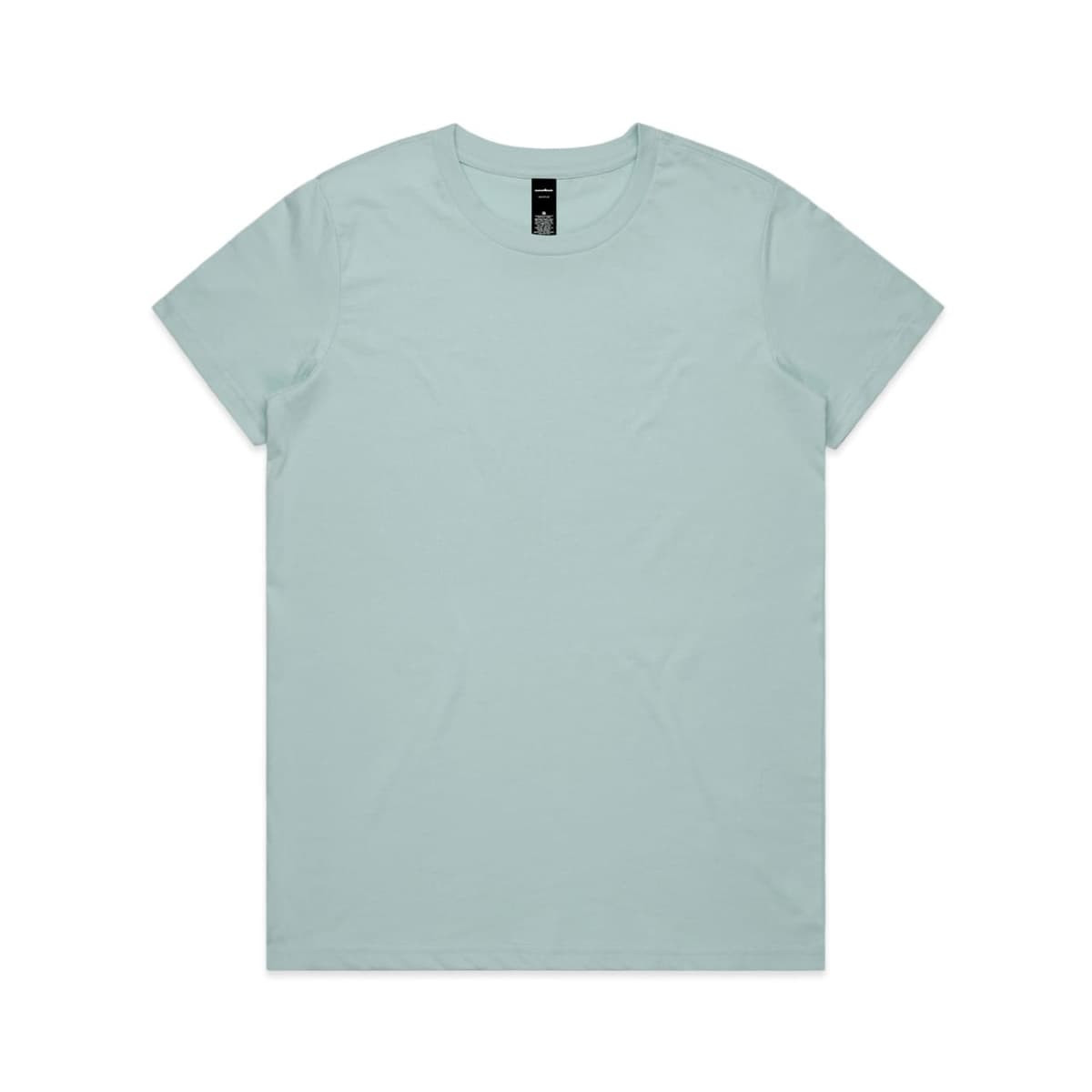 A light blue T-shirt displayed flat, featuring a round neckline and a tag at the collar, with a plain design.