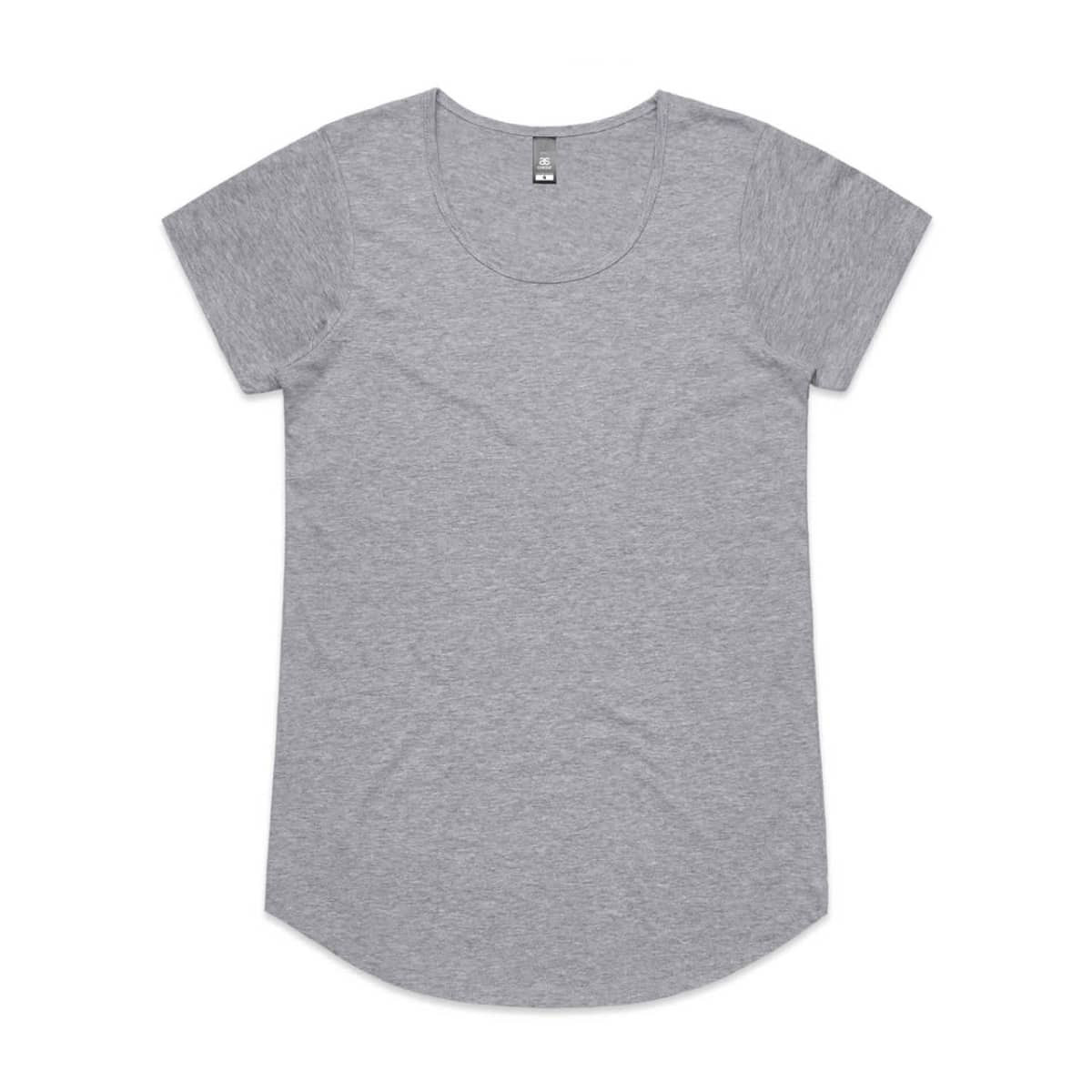 A grey T-shirt with a rounded neckline and short sleeves, featuring a logo on the label.