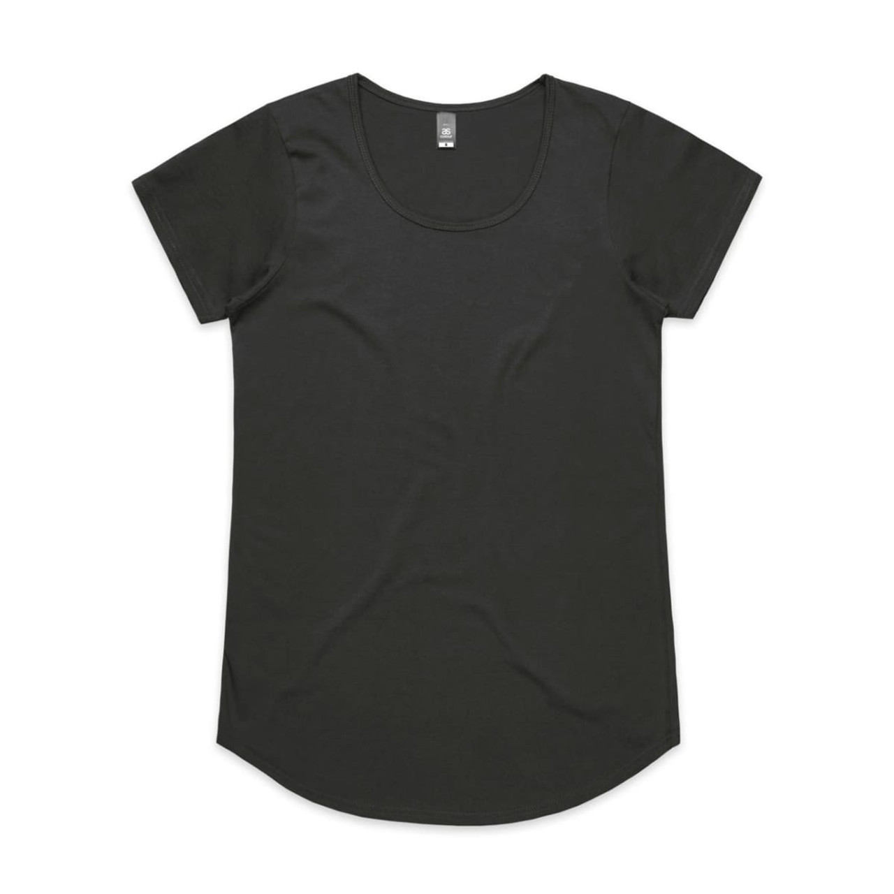 A black t-shirt with short sleeves and a rounded neckline, featuring a subtle branding logo.