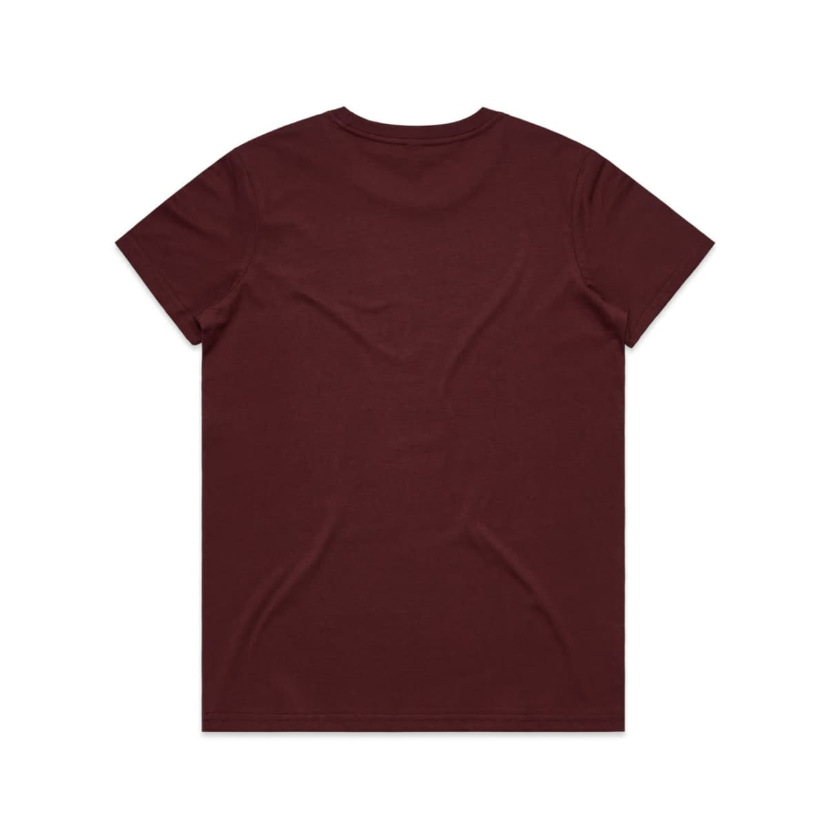 A maroon T-shirt featuring a plain back design and standard fit. Includes a logo on the tag.