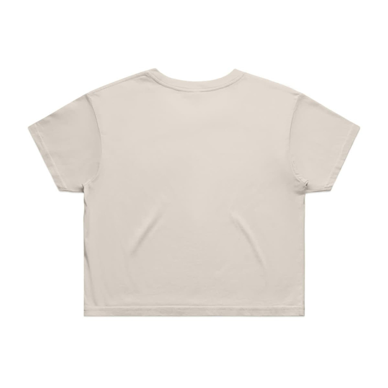 A beige crop tee with a simple design, featuring short sleeves and a slightly oversized fit. It has a logo.