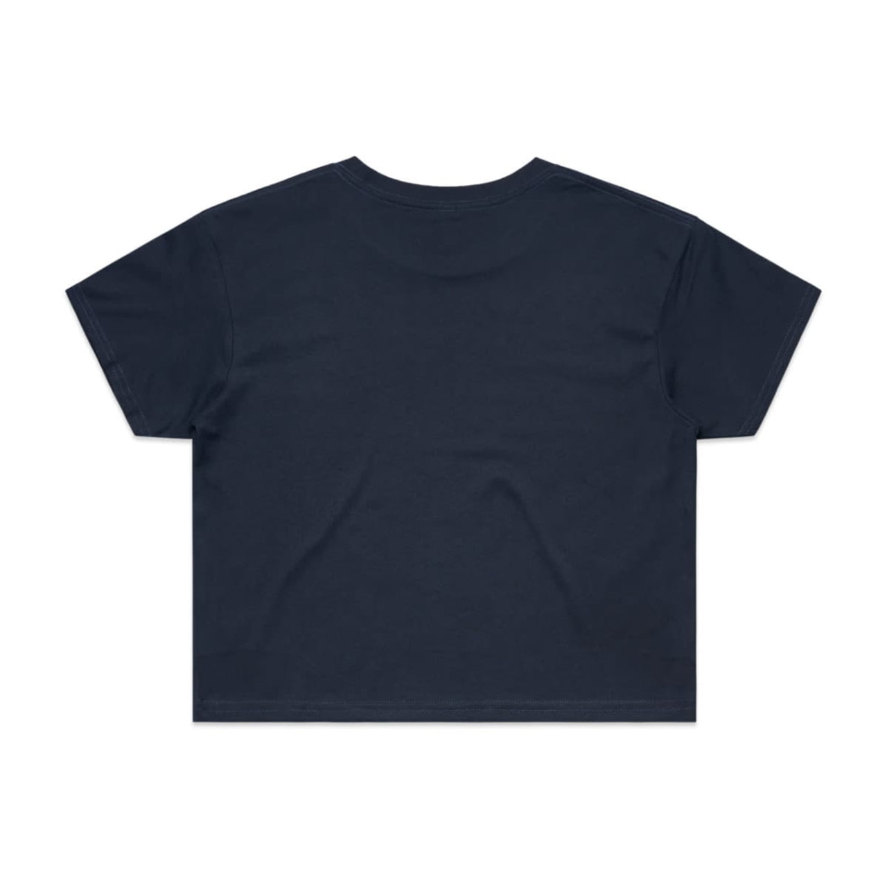 A dark navy crop tee with a plain back design and short sleeves. Features a logo on the back.