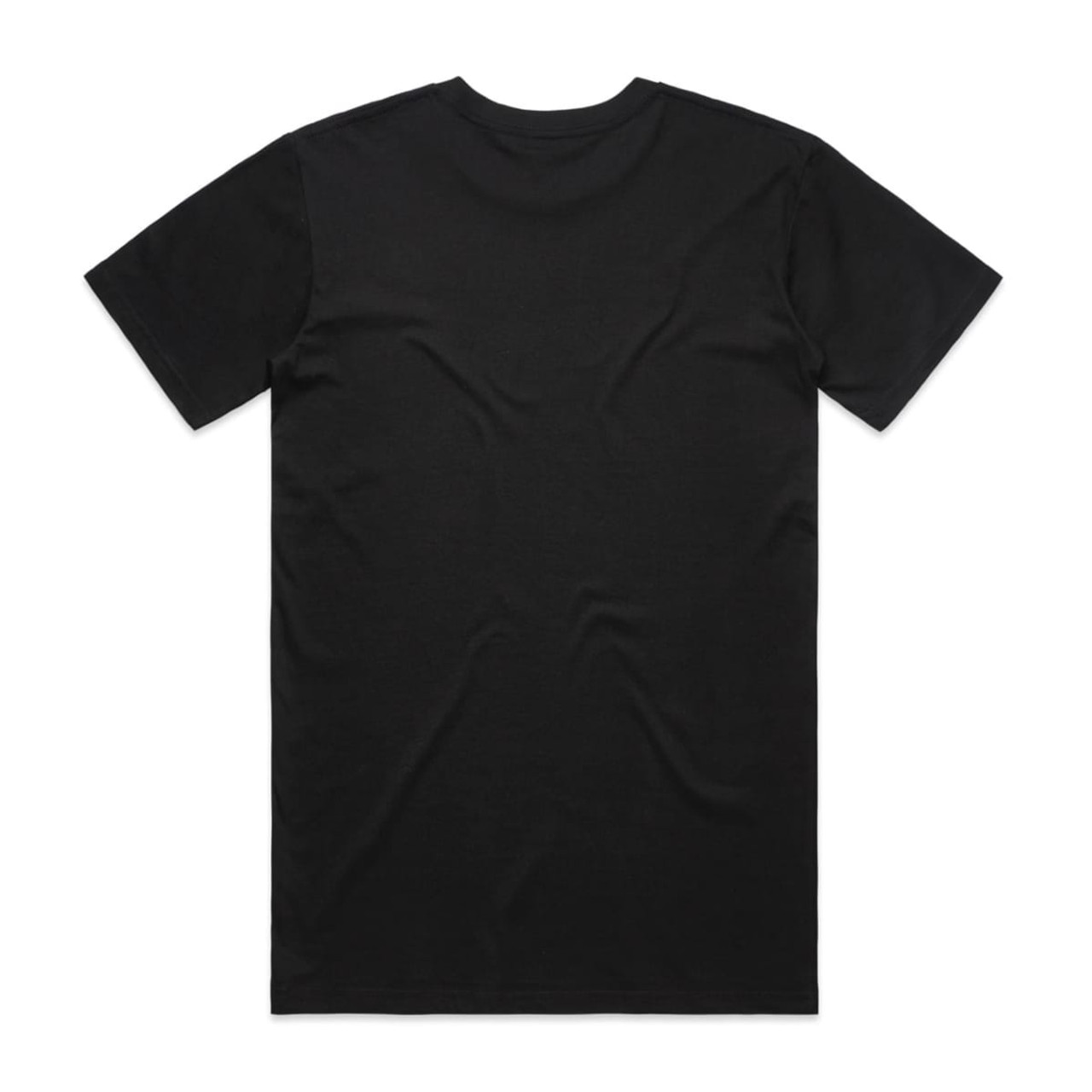 A black T-shirt featuring short sleeves and a plain back. The shirt has a logo on the label.