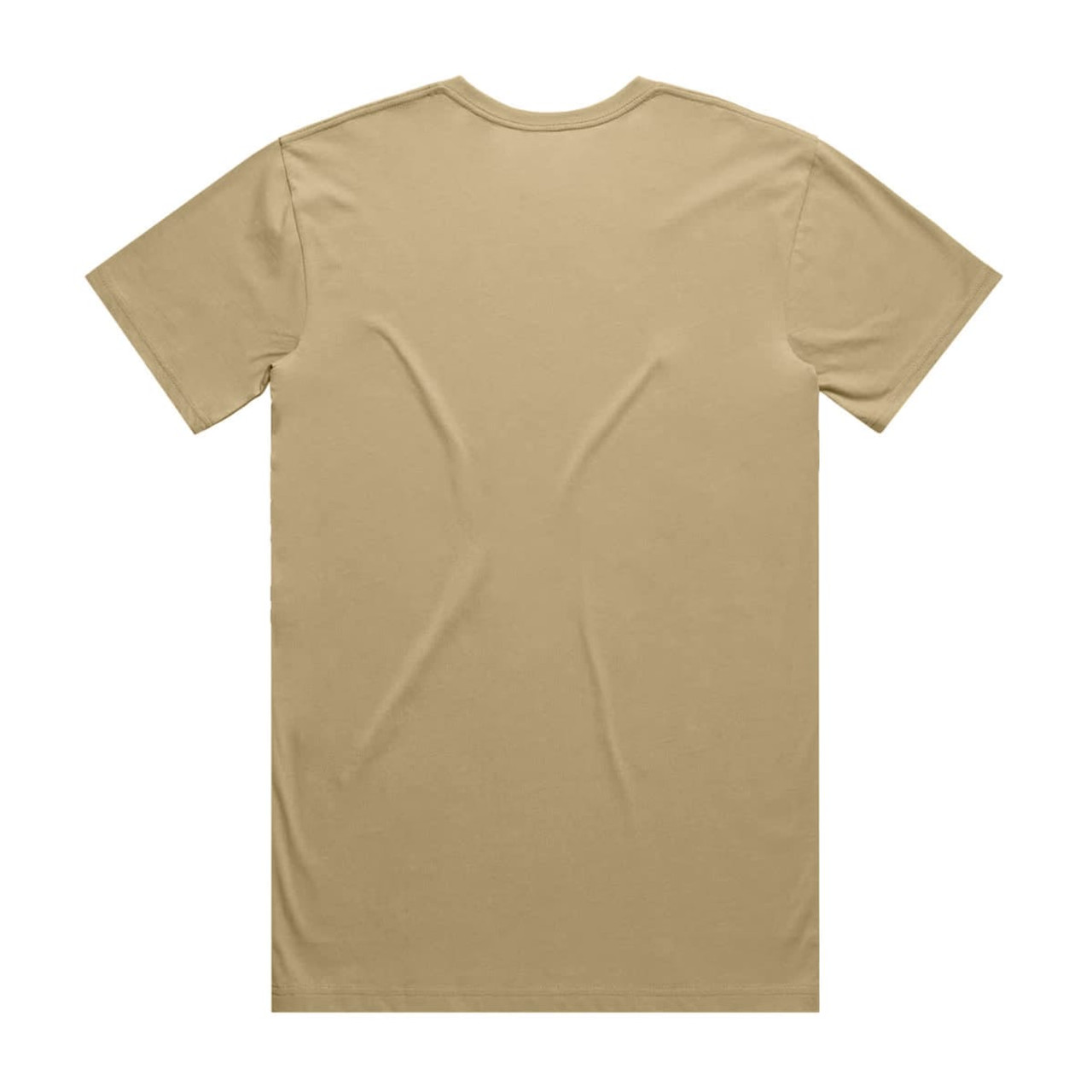 A plain beige T-shirt with a crew neck and short sleeves, featuring a logo on the back.