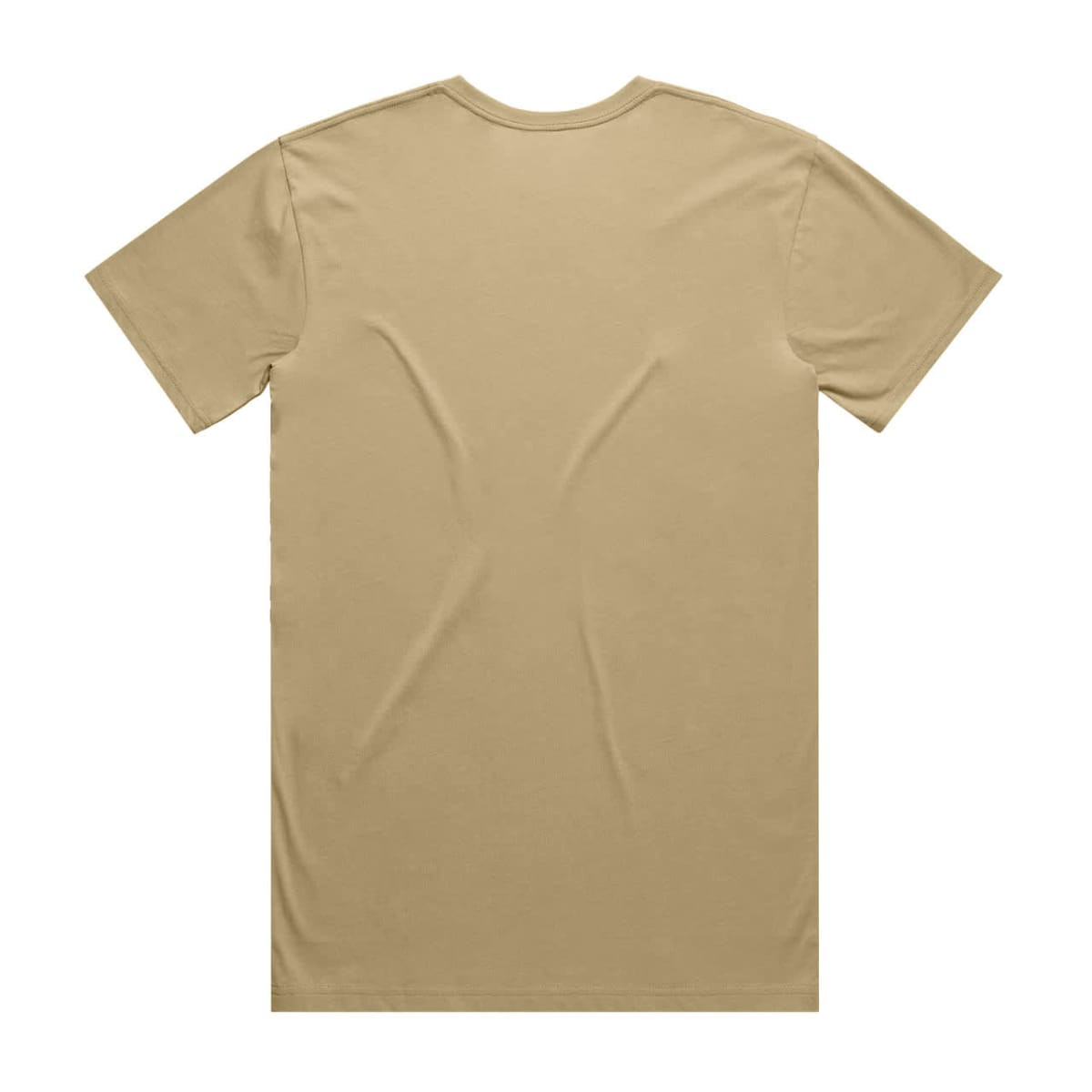 A plain beige T-shirt with a crew neck and short sleeves, featuring a logo on the back.