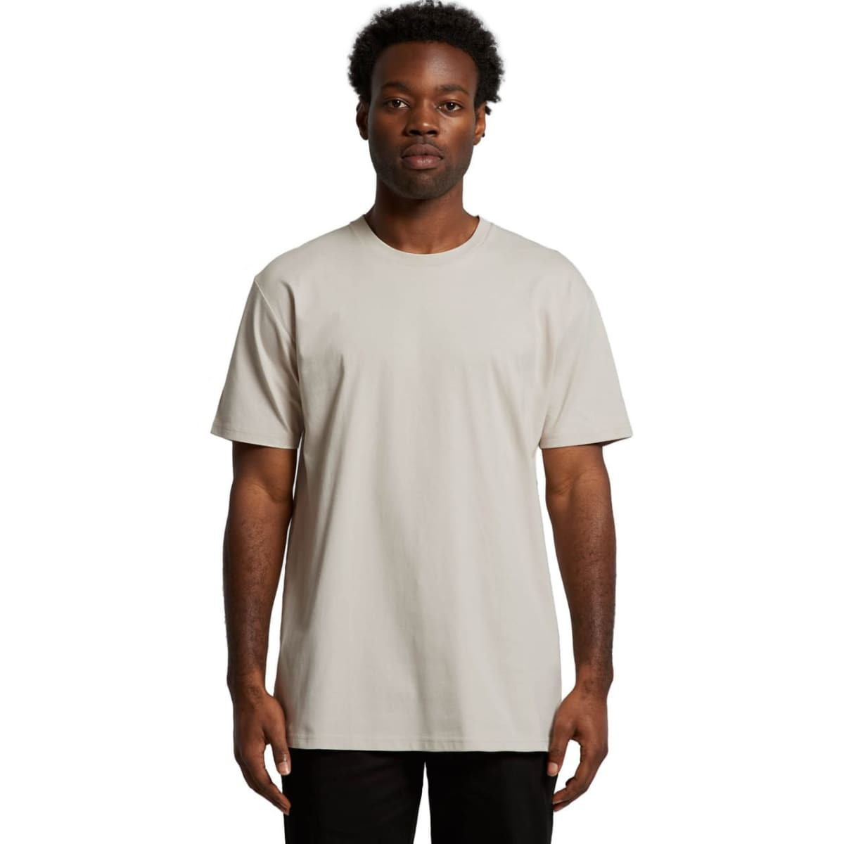 A plain, light grey t-shirt on a person, featuring short sleeves and a crew neckline, with a logo on the fabric.