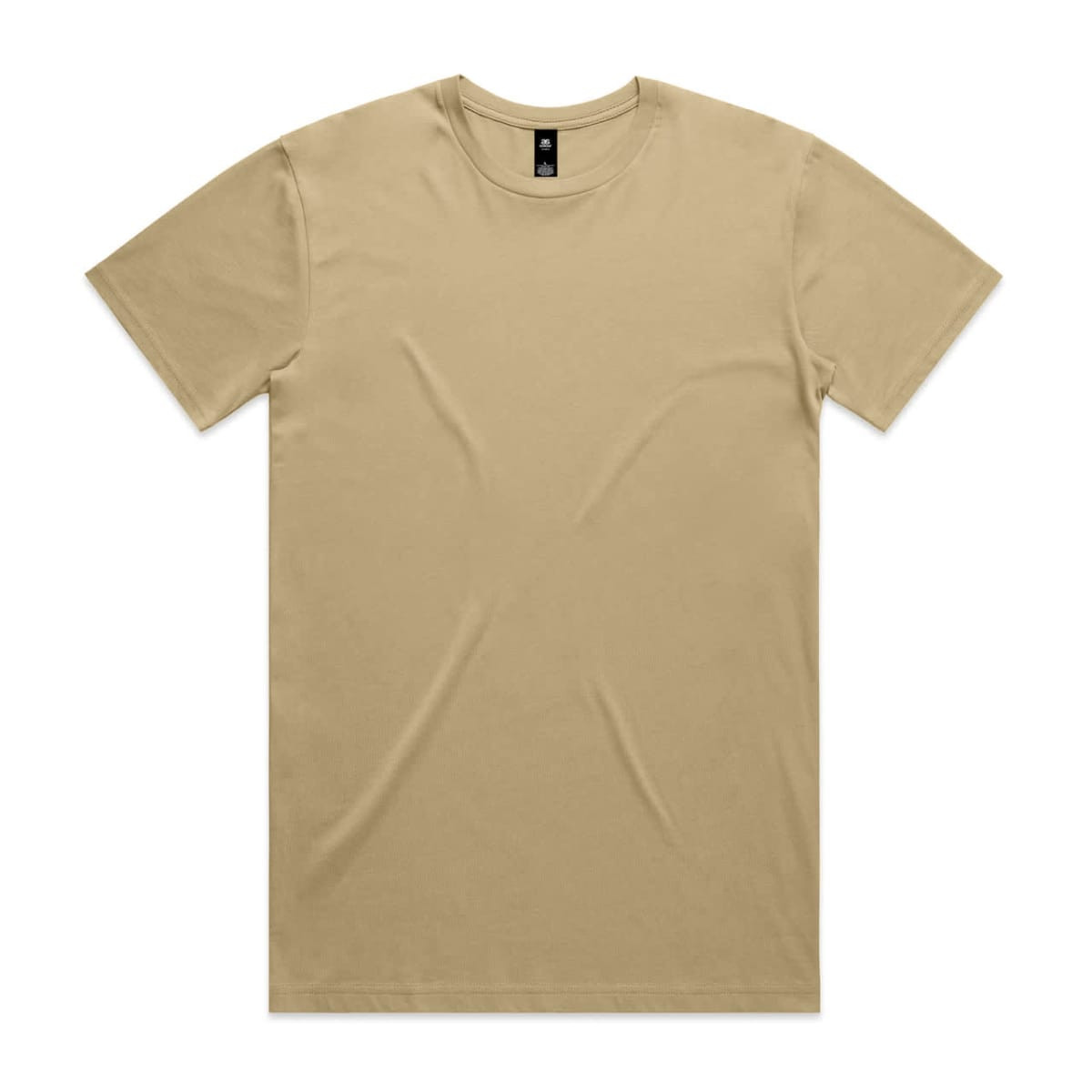 A beige T-shirt with a round neck and short sleeves, featuring a logo on the label.