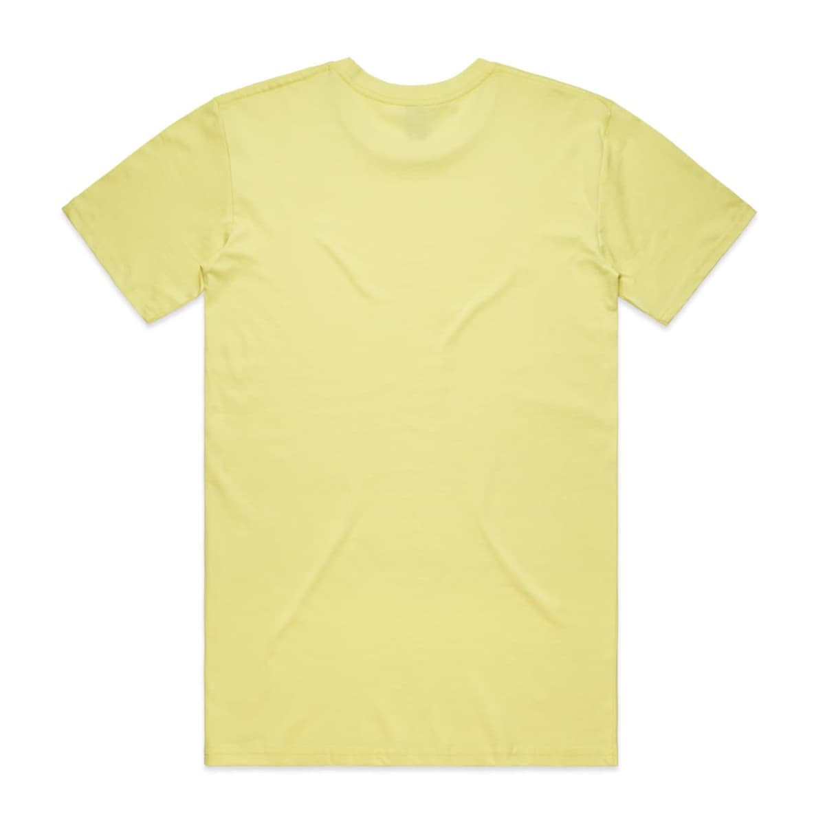 A yellow T-shirt viewed from the back, featuring a plain design and a logo on the upper back.