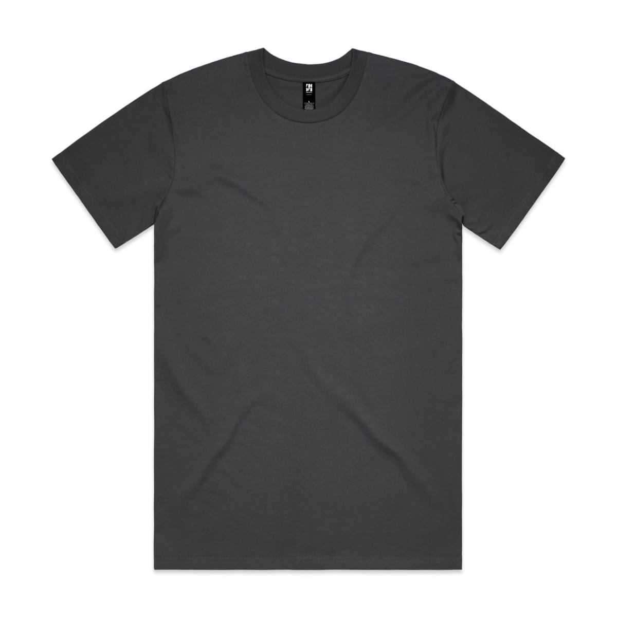 A dark grey classic tee with short sleeves and a round neckline. The shirt features a logo.