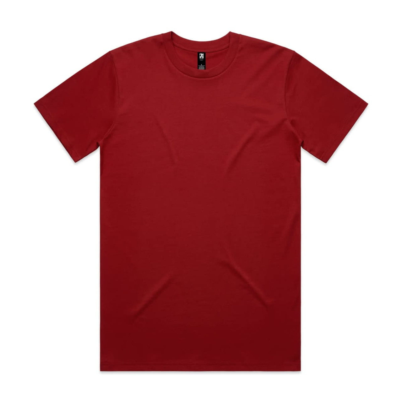 A plain red t-shirt with a round neckline and short sleeves, featuring a small logo.