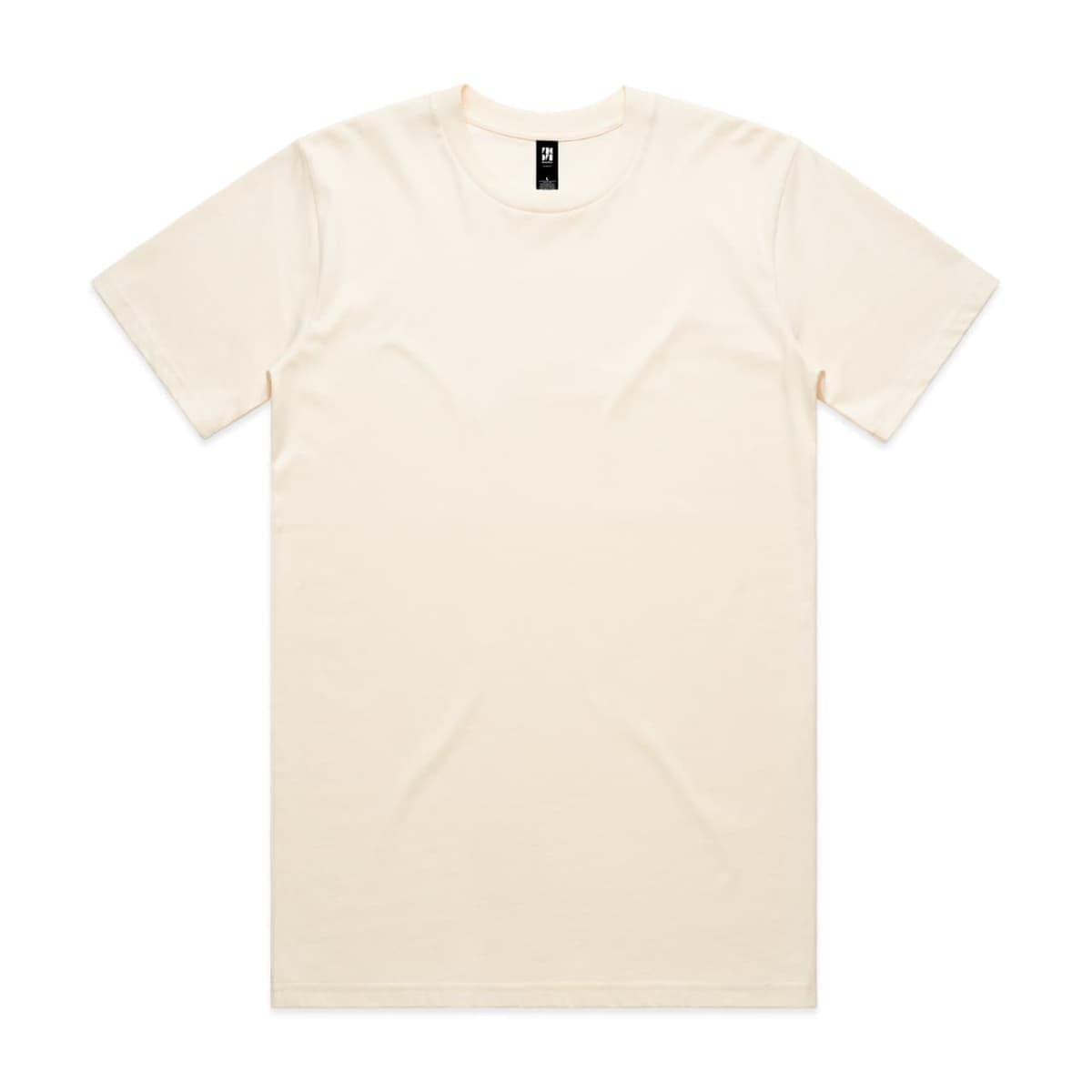 A cream-coloured classic t-shirt with a round neck and short sleeves, featuring a logo.