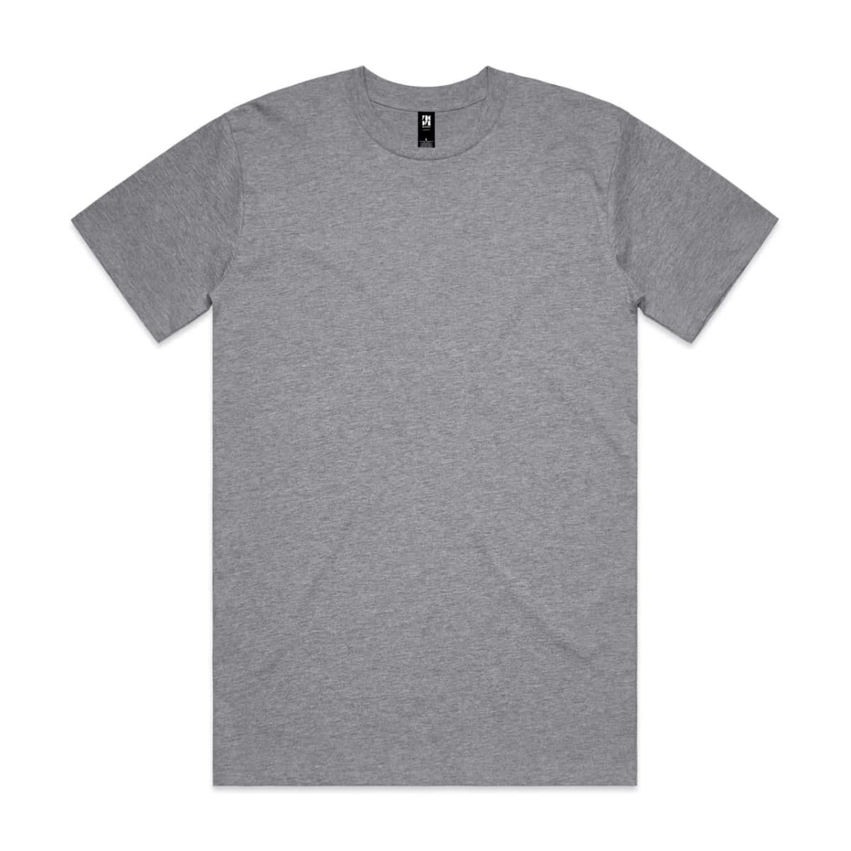 A grey classic T-shirt with short sleeves and a round neck, featuring a logo at the neckline.