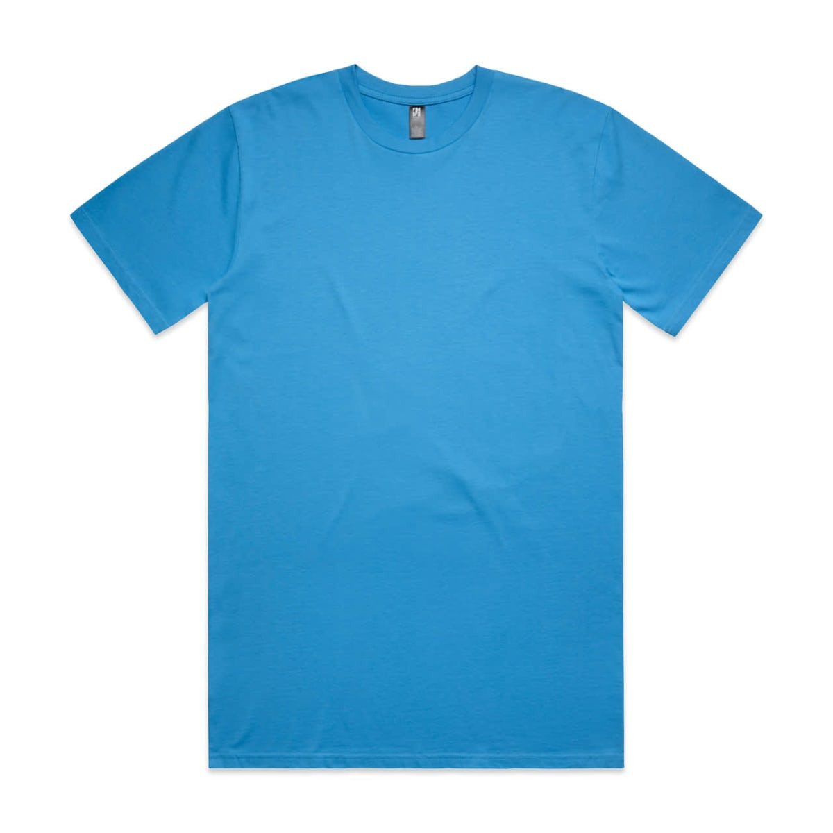 A blue classic tee shirt with a round neckline and short sleeves, featuring a logo on the label.