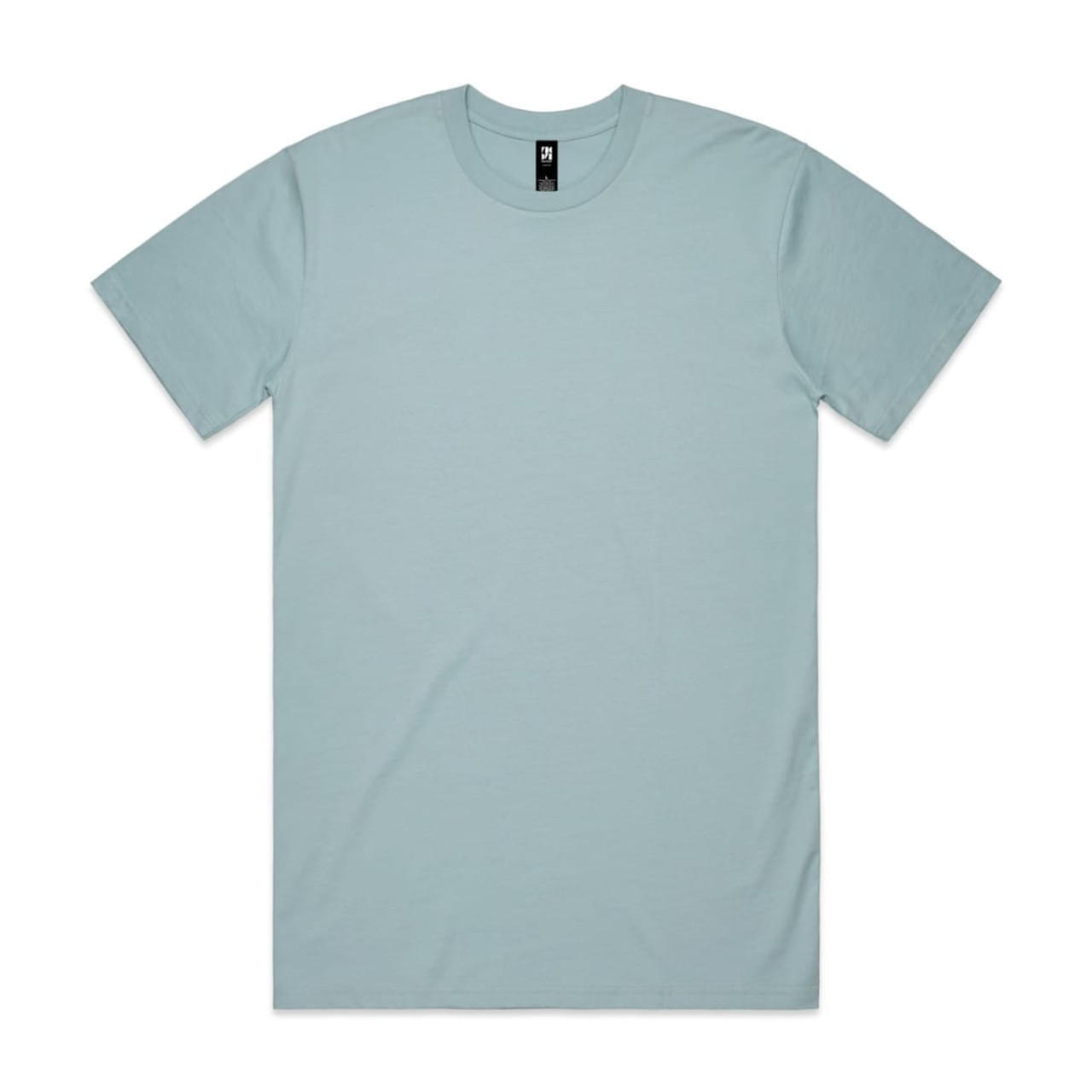 A light blue classic T-shirt with short sleeves and a round neckline. It features a logo on the inside label.