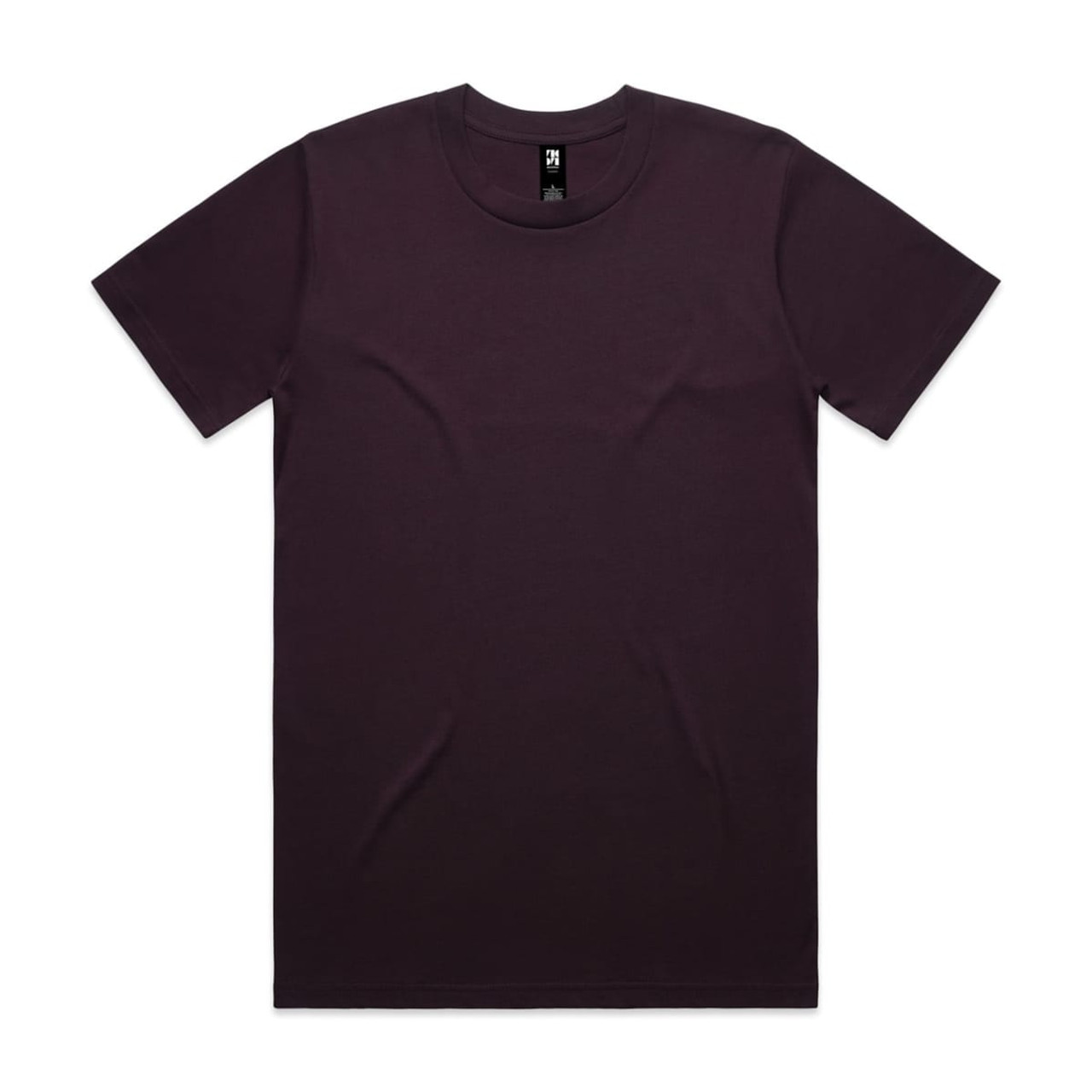 A plain dark purple t-shirt with a crew neckline and short sleeves, featuring a logo at the label.