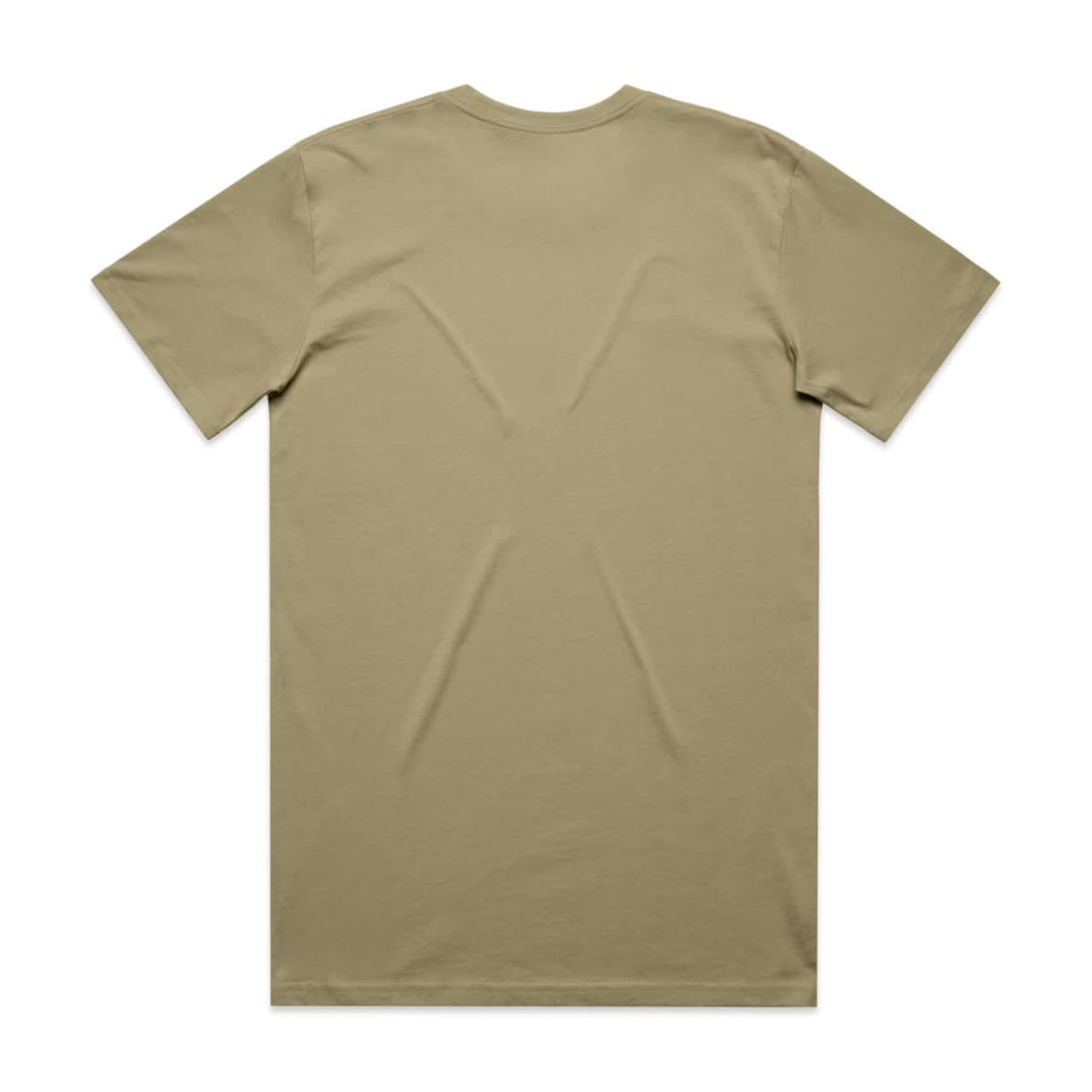 A plain olive green T-shirt with a crew neck and short sleeves, featuring a logo on the back.
