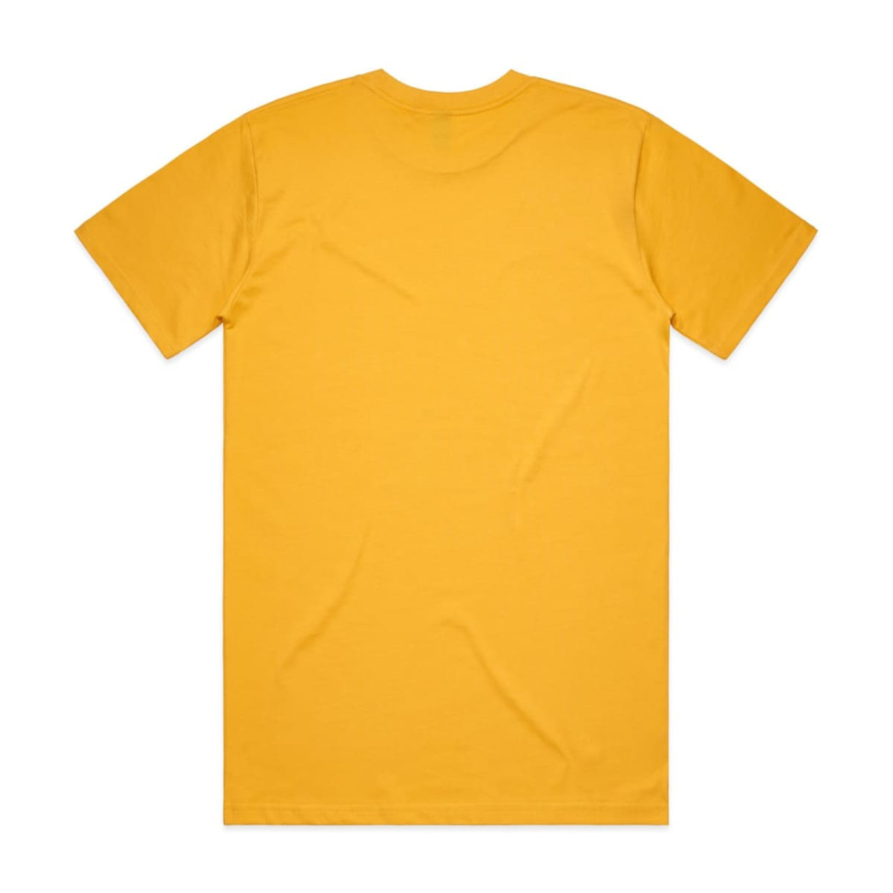 A plain yellow T-shirt with short sleeves and a round neckline, featuring a logo on the back.
