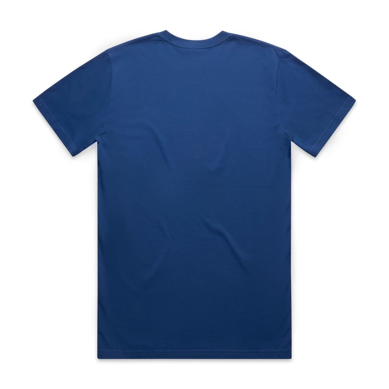 A blue classic t-shirt featuring short sleeves and a plain back design. It has a logo on the label.