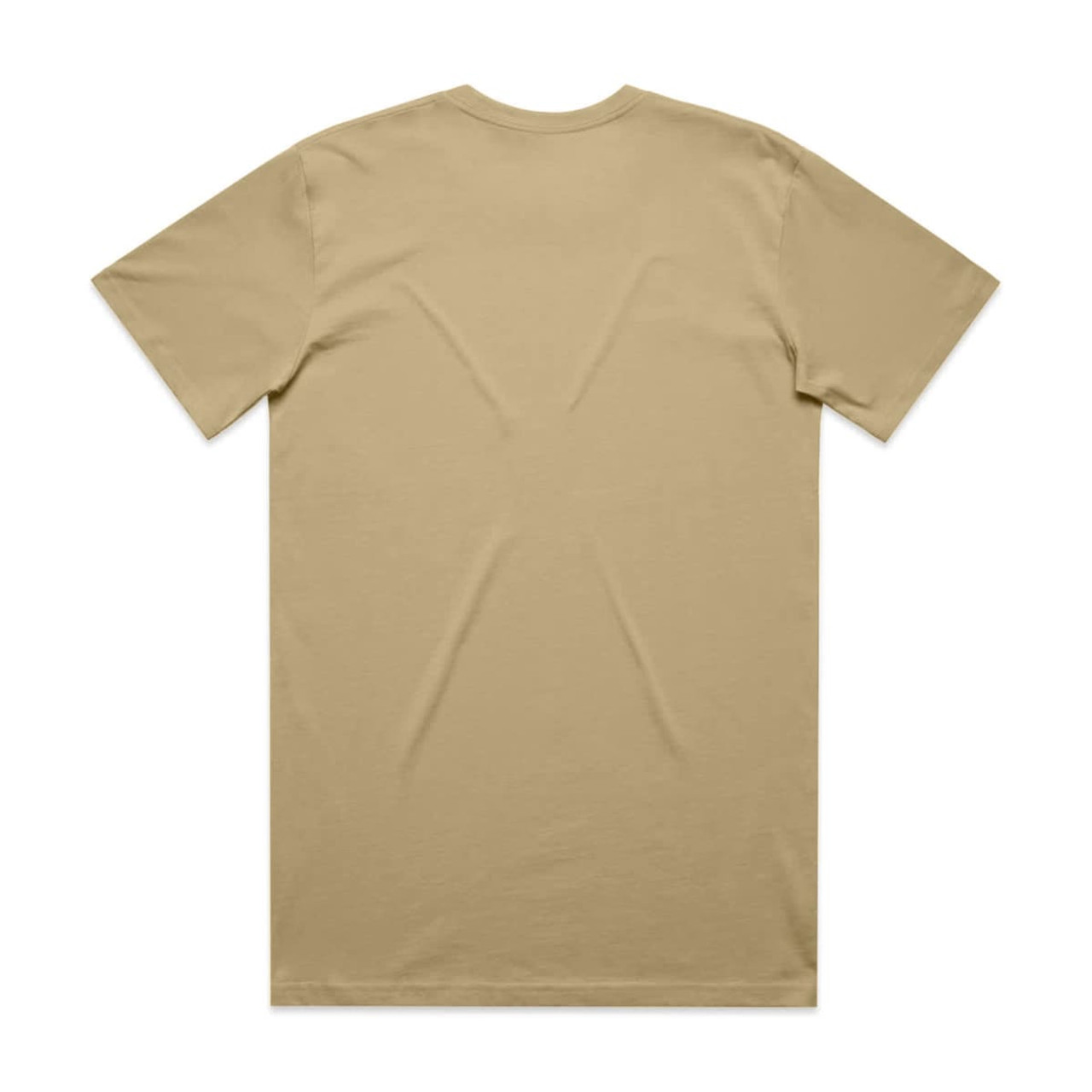 A khaki T-shirt featuring a plain back and a logo. Cotton material with short sleeves, available in various sizes.