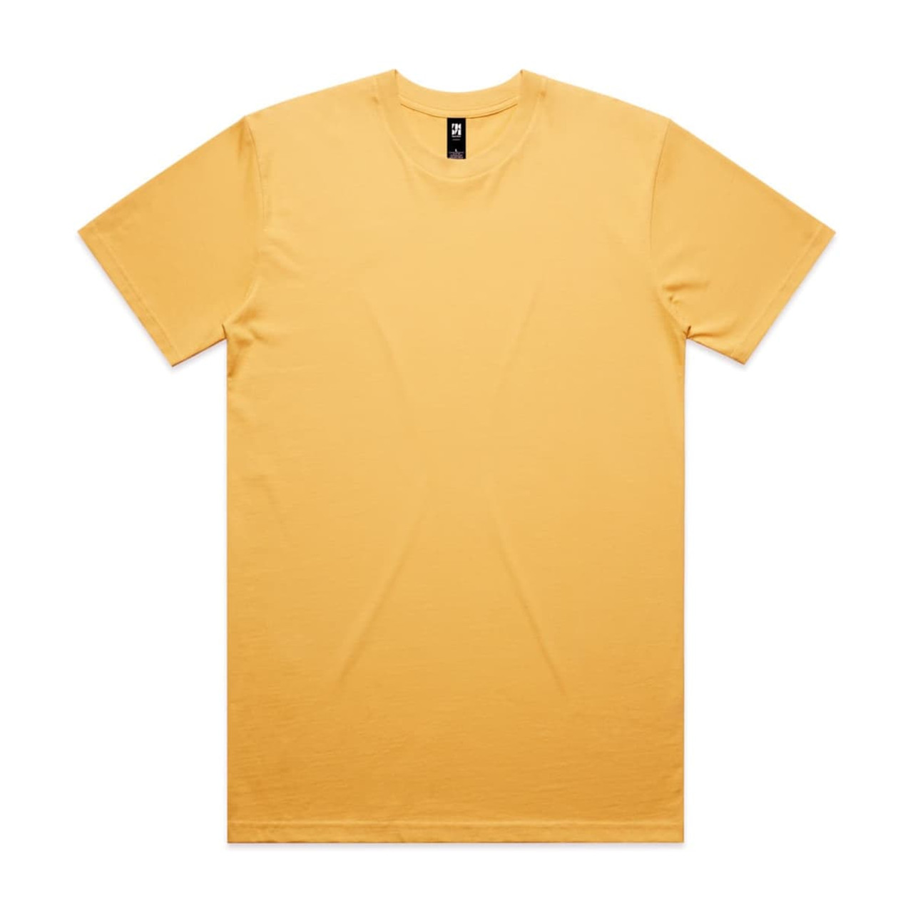 A plain yellow T-shirt with short sleeves and a branding label on the collar.