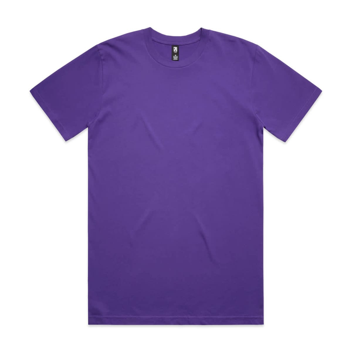 A plain purple T-shirt with a round neck and short sleeves, featuring a logo at the neckline.