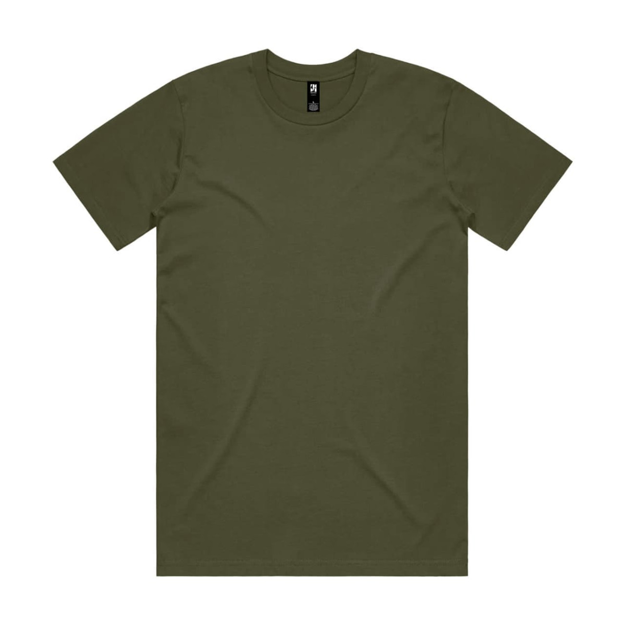 An olive green classic tee made from soft fabric, featuring a round neckline and short sleeves. It includes a logo.