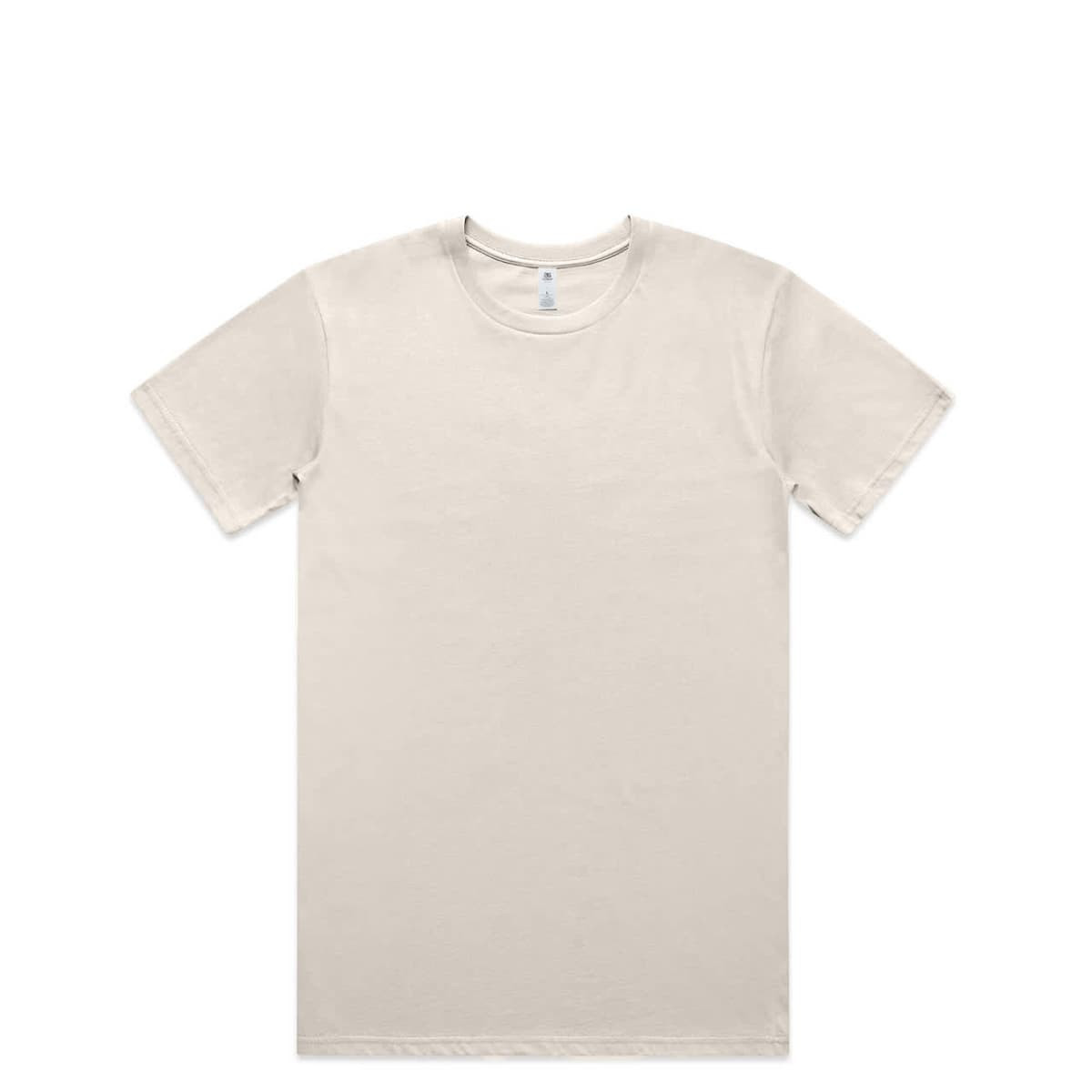 A beige basic t-shirt with short sleeves and a crew neck, featuring a logo on the inside tag.
