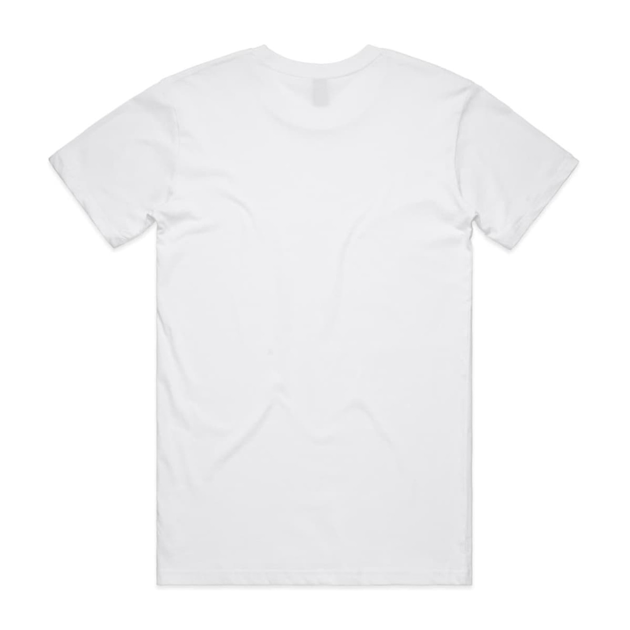 A plain white T-shirt with a round neckline and short sleeves, featuring a logo on the back.