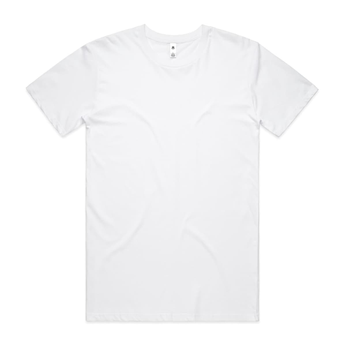 A plain white t-shirt with a round neckline and short sleeves, featuring a logo in the neckline.