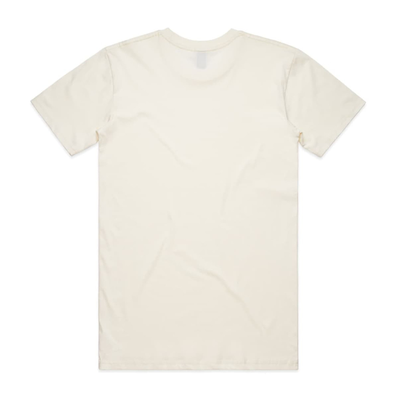 A plain cream-coloured t-shirt with a crew neck and short sleeves, featuring a logo on the back.
