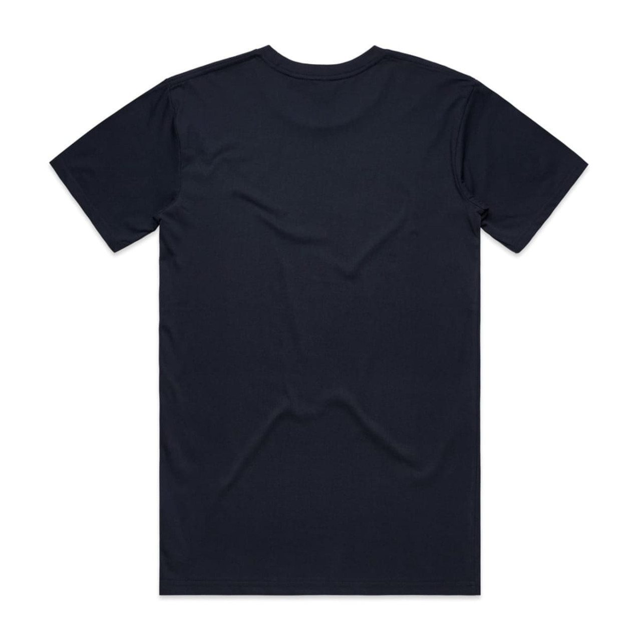 A navy blue T-shirt with a plain back, featuring a logo on the collar.