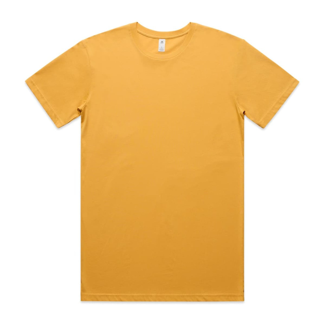 A plain yellow t-shirt displayed flat with short sleeves and a crew neckline, featuring a brand label.