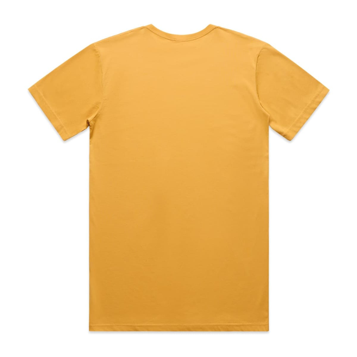 A plain yellow t-shirt with a round neck and short sleeves, featuring a logo on the back.