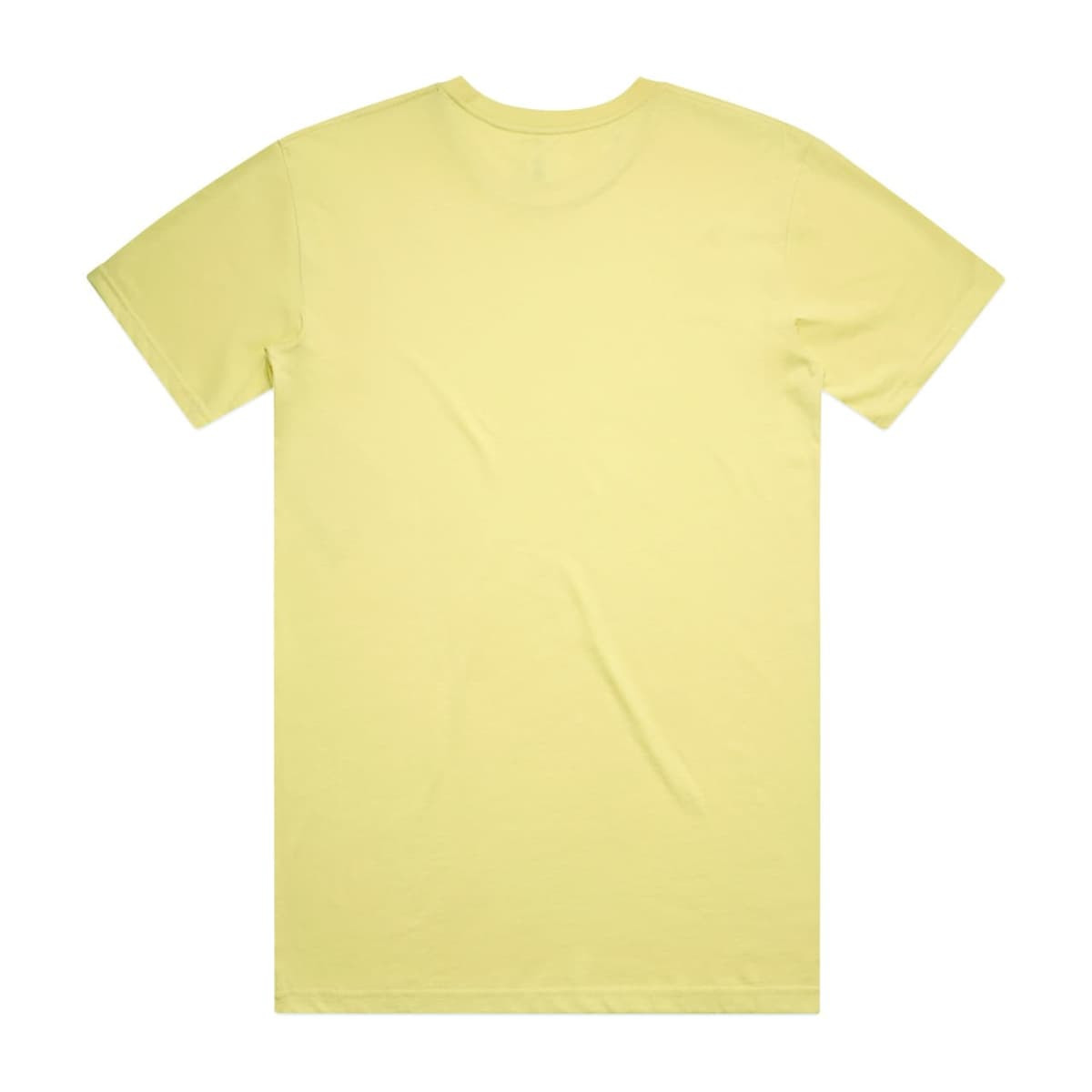 A plain yellow T-shirt with a crew neck and short sleeves, featuring a logo on the back.