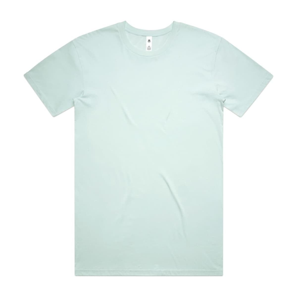 A light mint green t-shirt featuring a crew neckline and short sleeves, with a logo on the label.