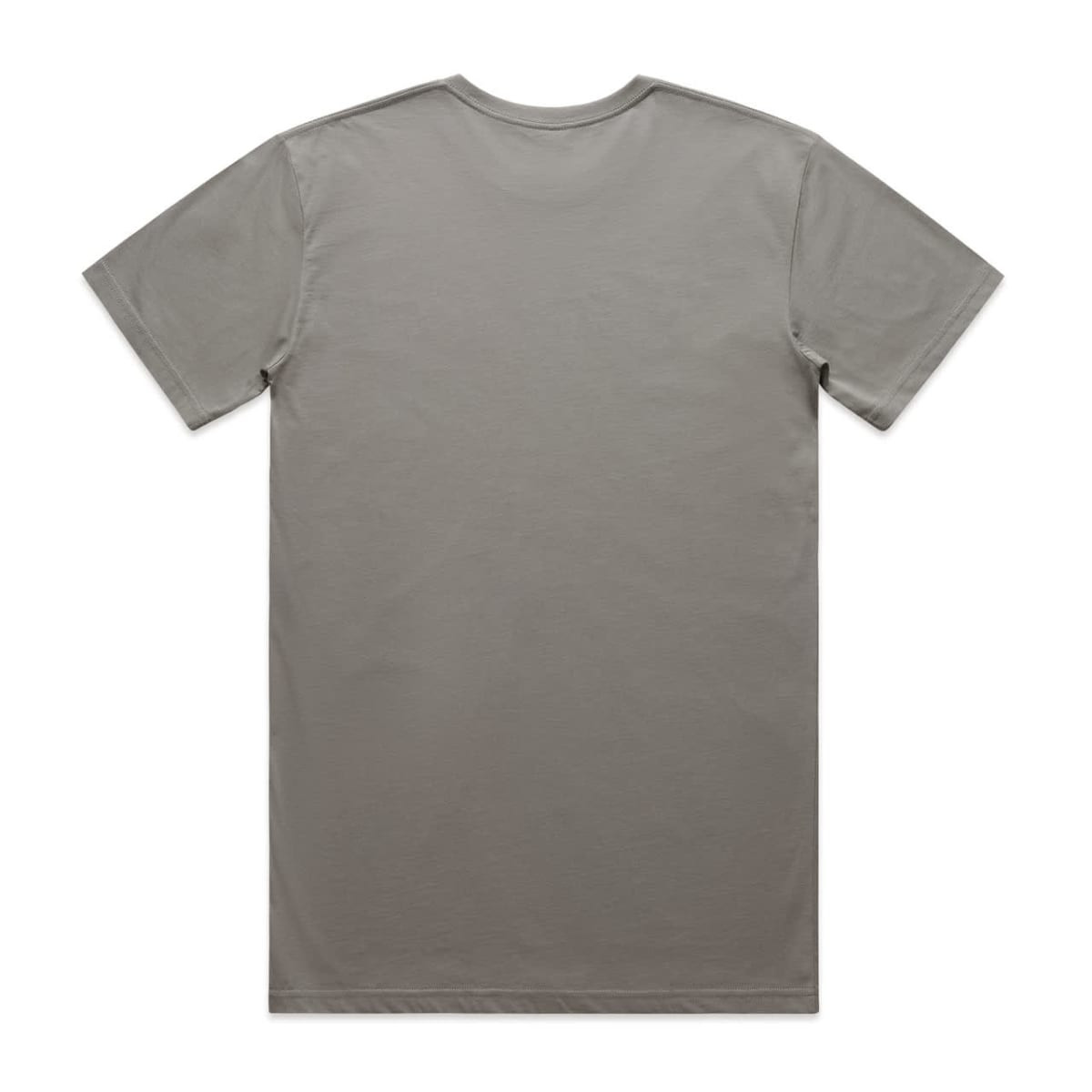 A plain grey basic tee with short sleeves and a crew neckline, featuring a logo on the back.