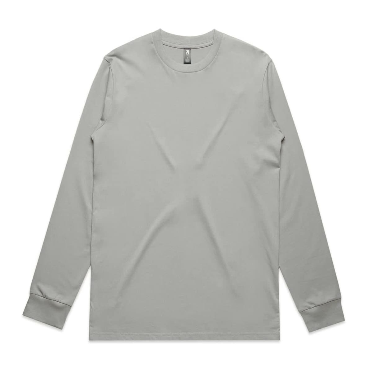 A long-sleeve tee in a muted grey shade, featuring a simple design and a small logo.