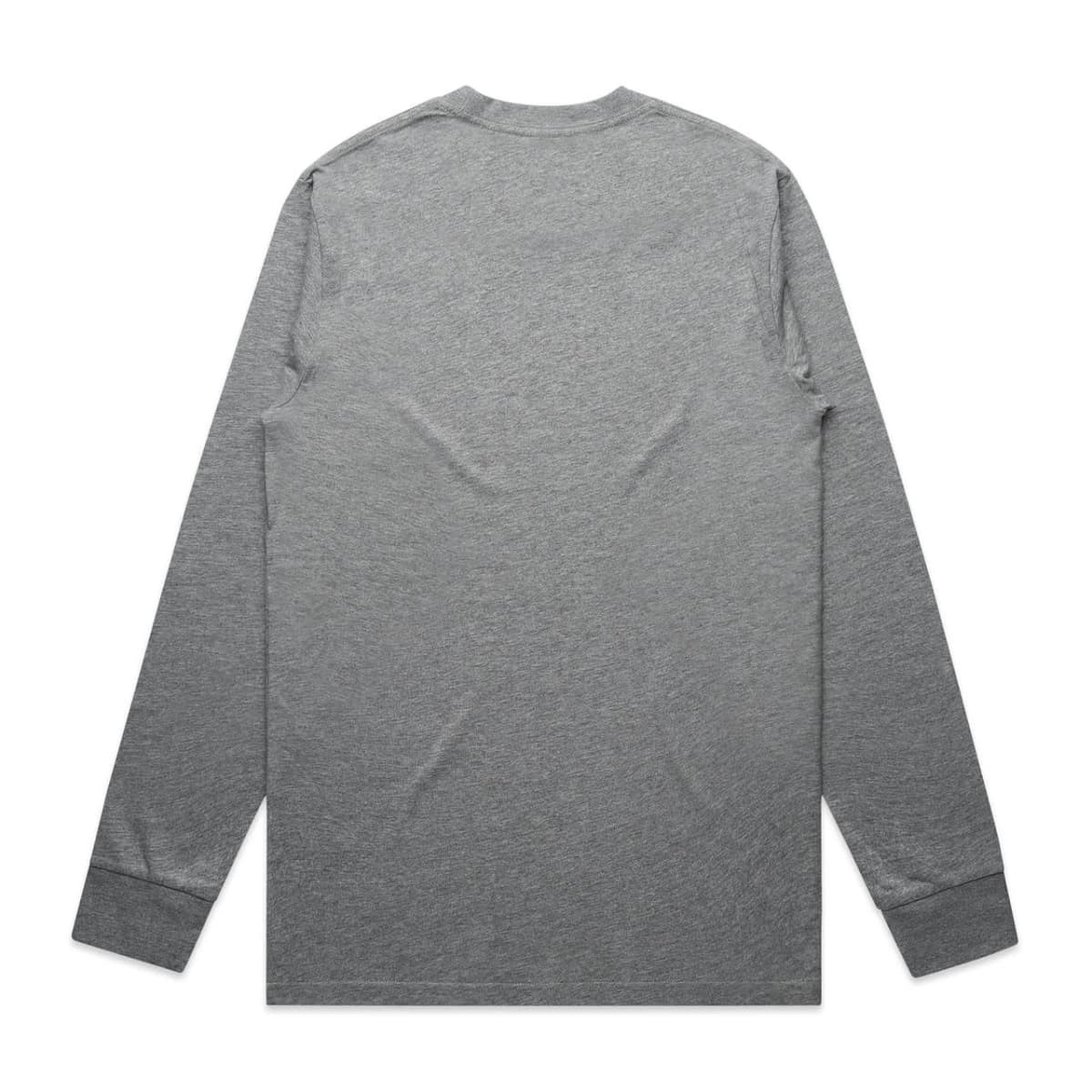 A long-sleeve grey T-shirt featuring a simple design with a logo on the back.