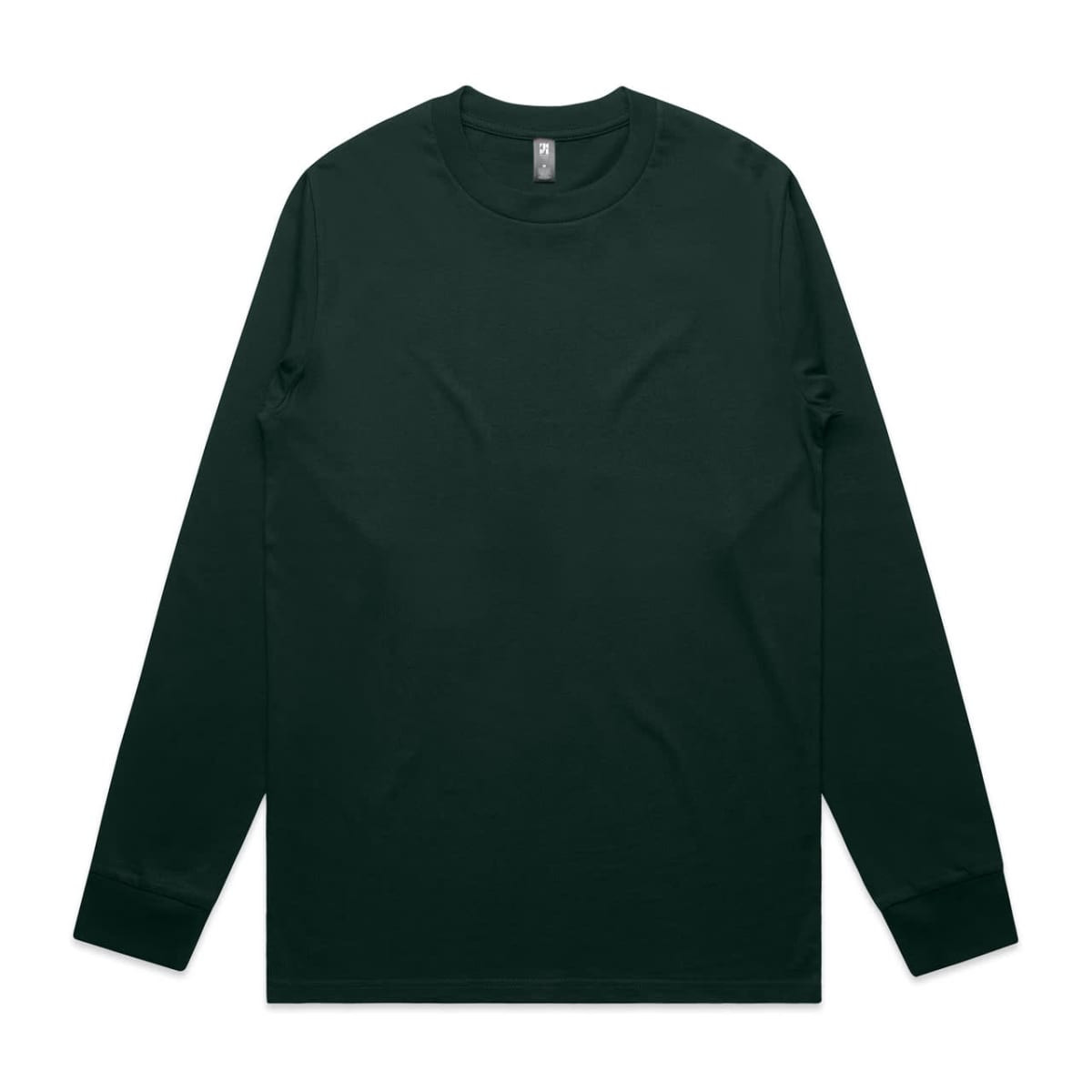 A long-sleeve tee in dark green with a round neckline and a logo on the label.