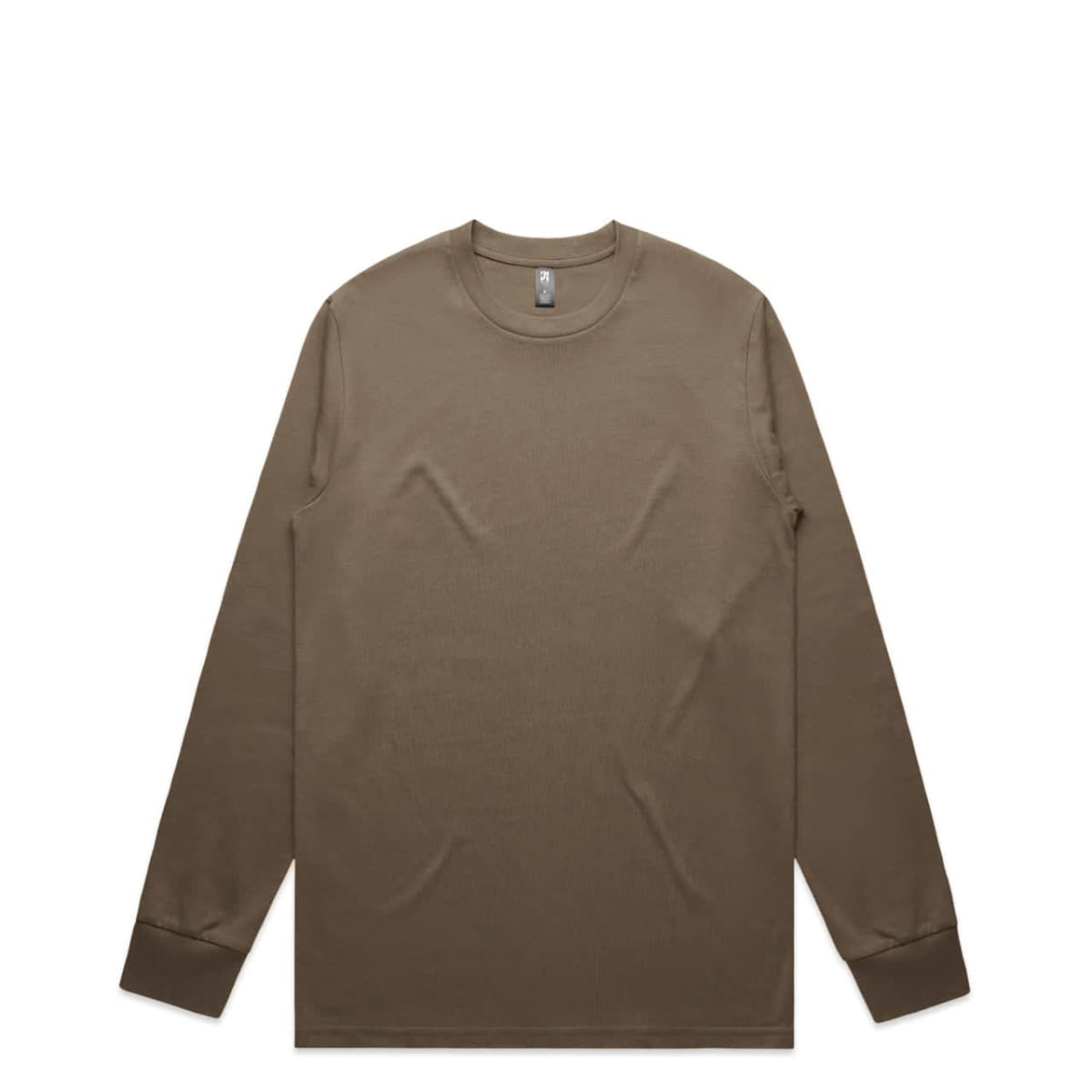A long-sleeve t-shirt in a muted brown colour, featuring a simple design and a logo on the label.