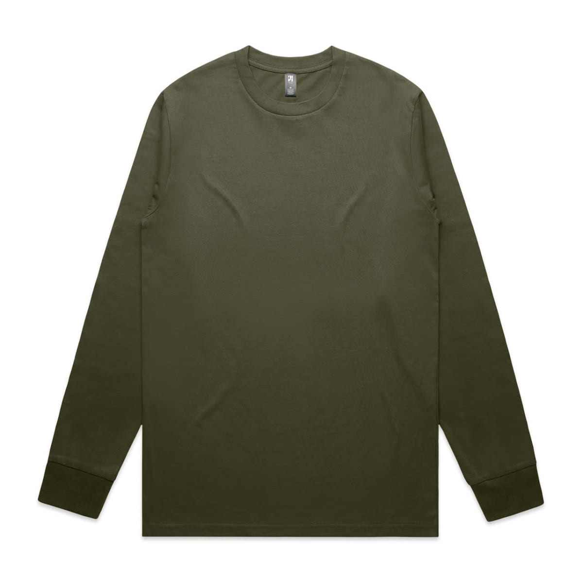 A long-sleeve T-shirt in olive green, featuring a crew neck and a simple design. It has a logo on the label.