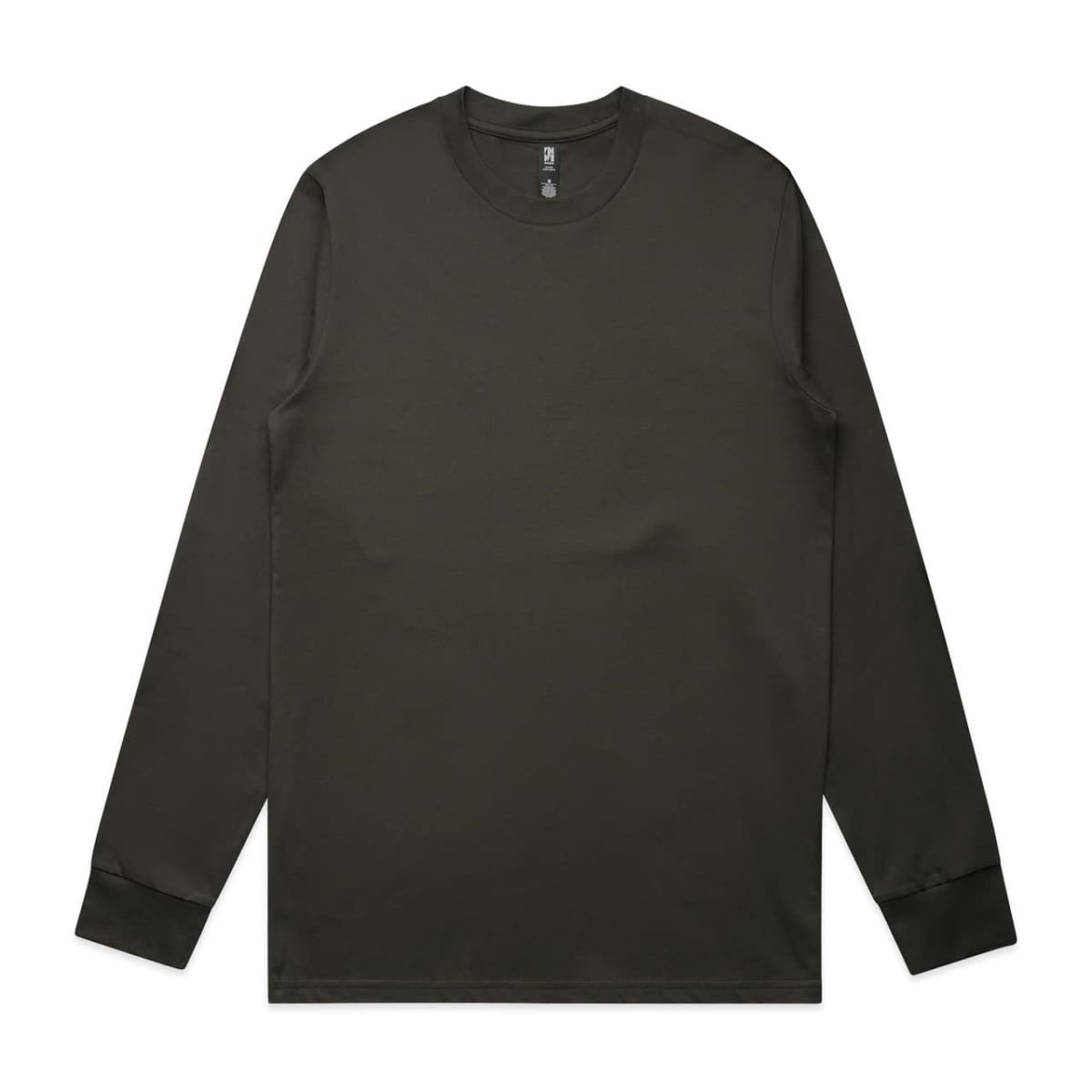 A long-sleeve t-shirt in a dark, solid colour with a logo on the collar.