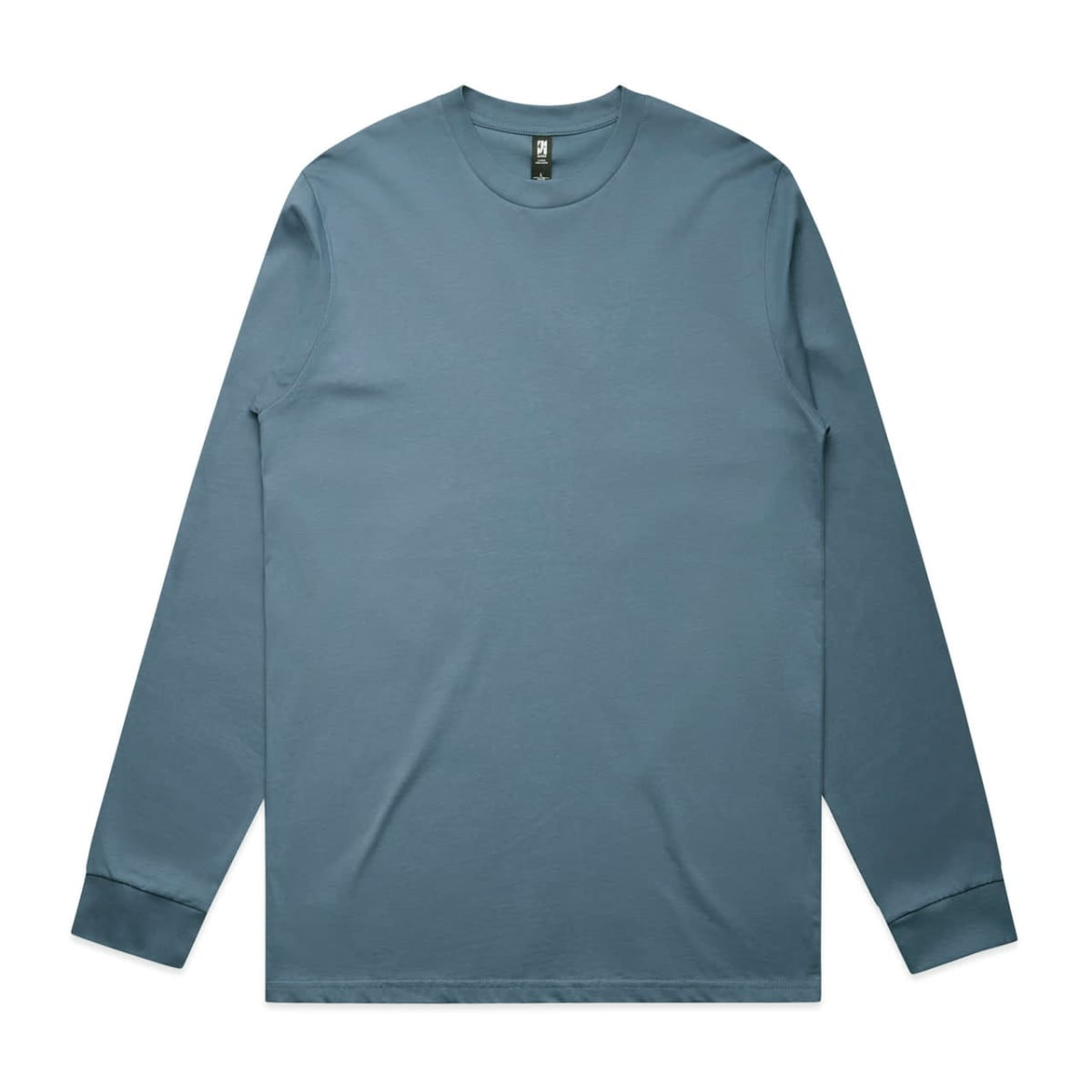 A long-sleeve tee in a muted blue colour, featuring a simple design and a logo on the label.