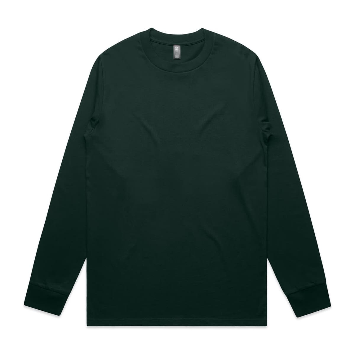 A long-sleeved t-shirt in dark green with a crew neckline and branding on the label.