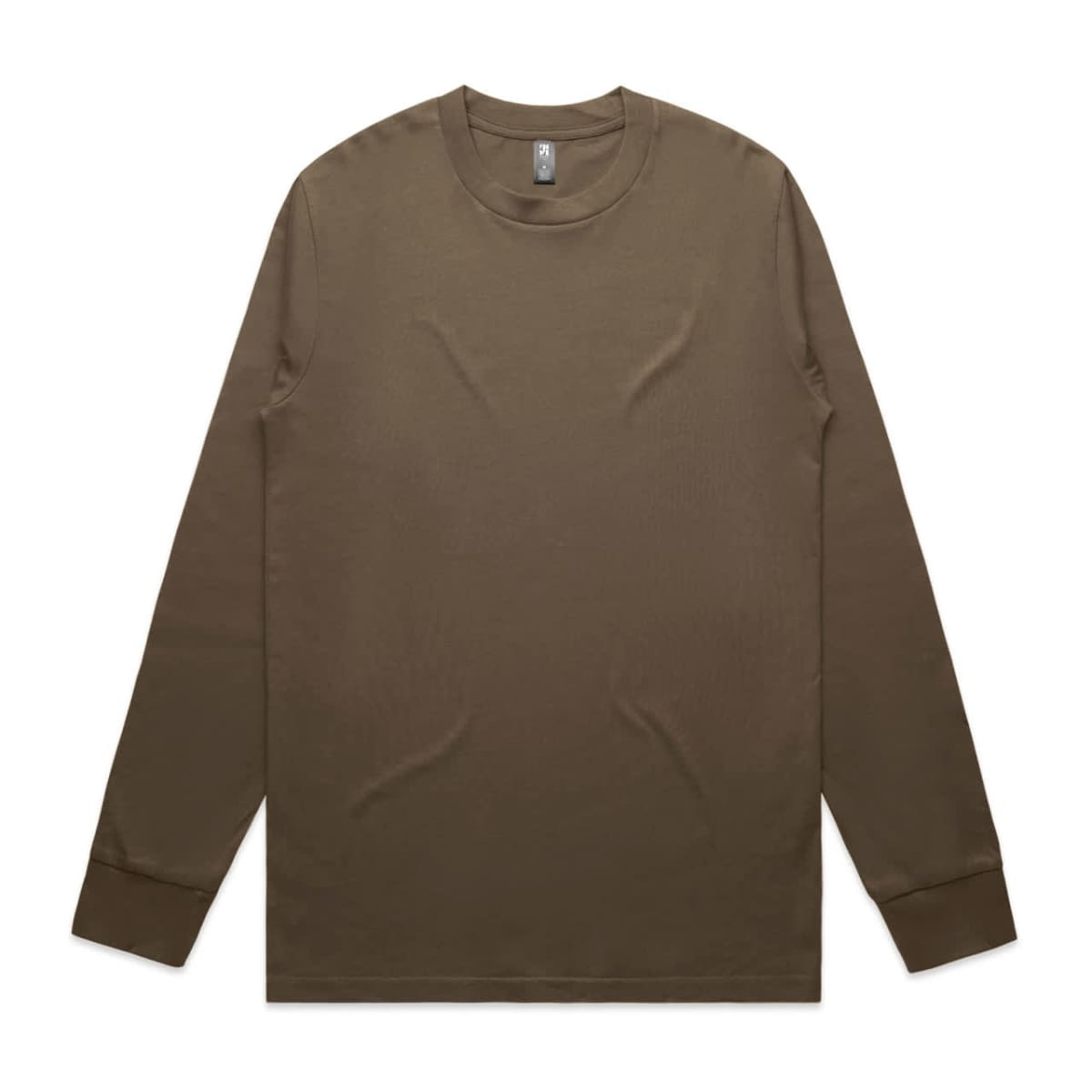 A long-sleeve t-shirt in a muted brown colour, featuring a logo on the neckline.