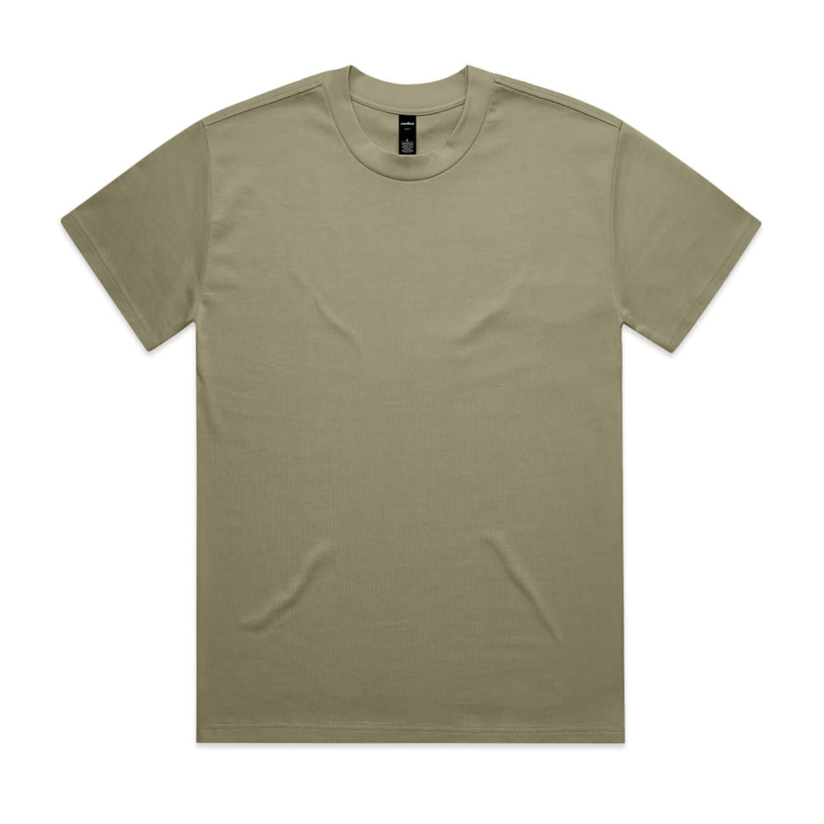 A khaki Heavy Tee featuring a crew neck and a plain design. It has a logo tag on the inside neck.