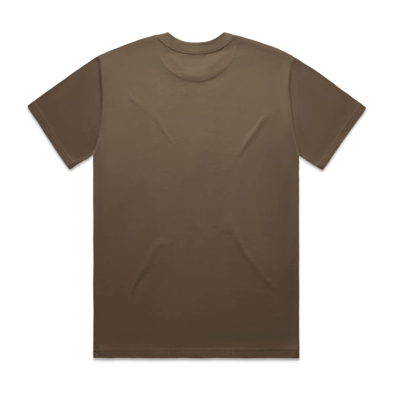 A brown Heavy Tee shirt with a plain back design and a logo on the neck area.